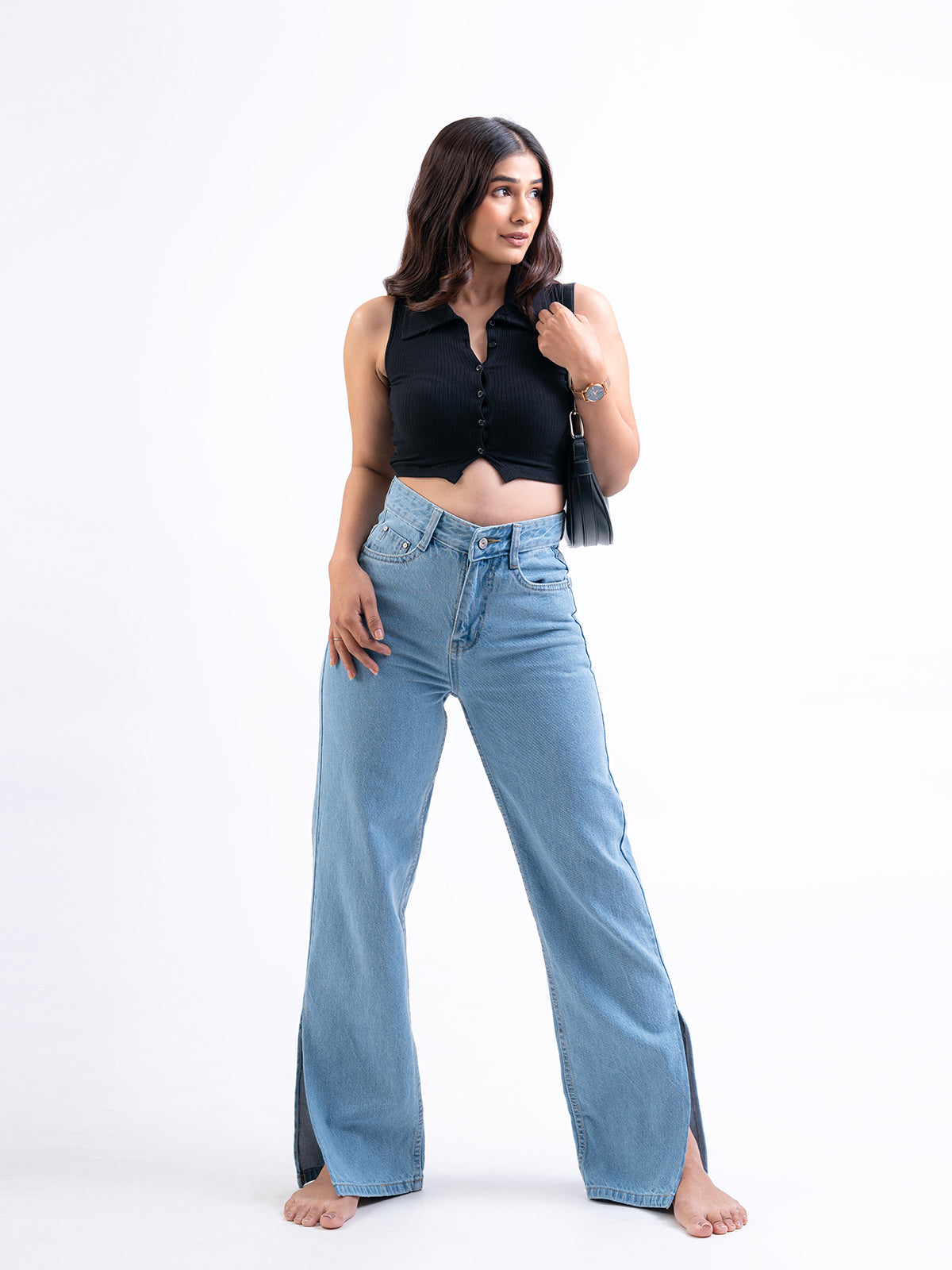 Women Ice Bue Hem Pockets Straight Jeans
