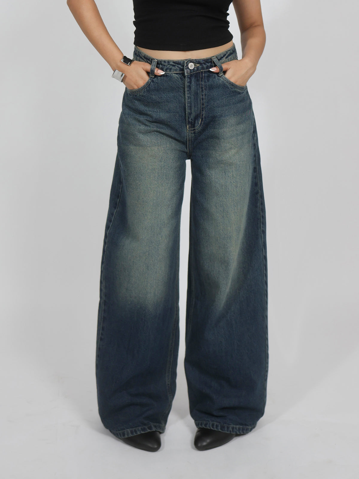 Oxford Blue Washed Wide Leg Jeans