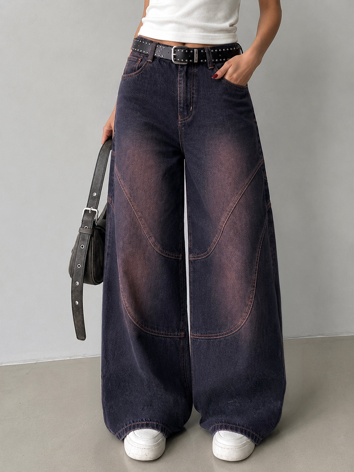 Graphite Blue Tinted Panelled Wide Leg Jeans