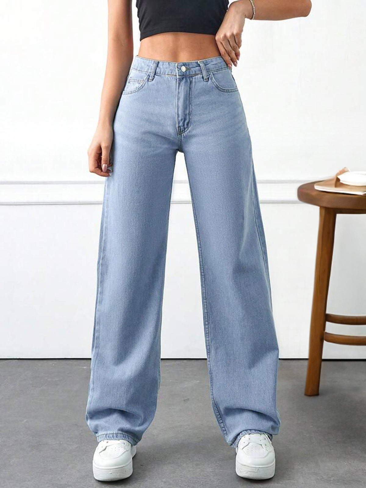 Baby Blue Whisker Stretchable Wide Leg Jeans
