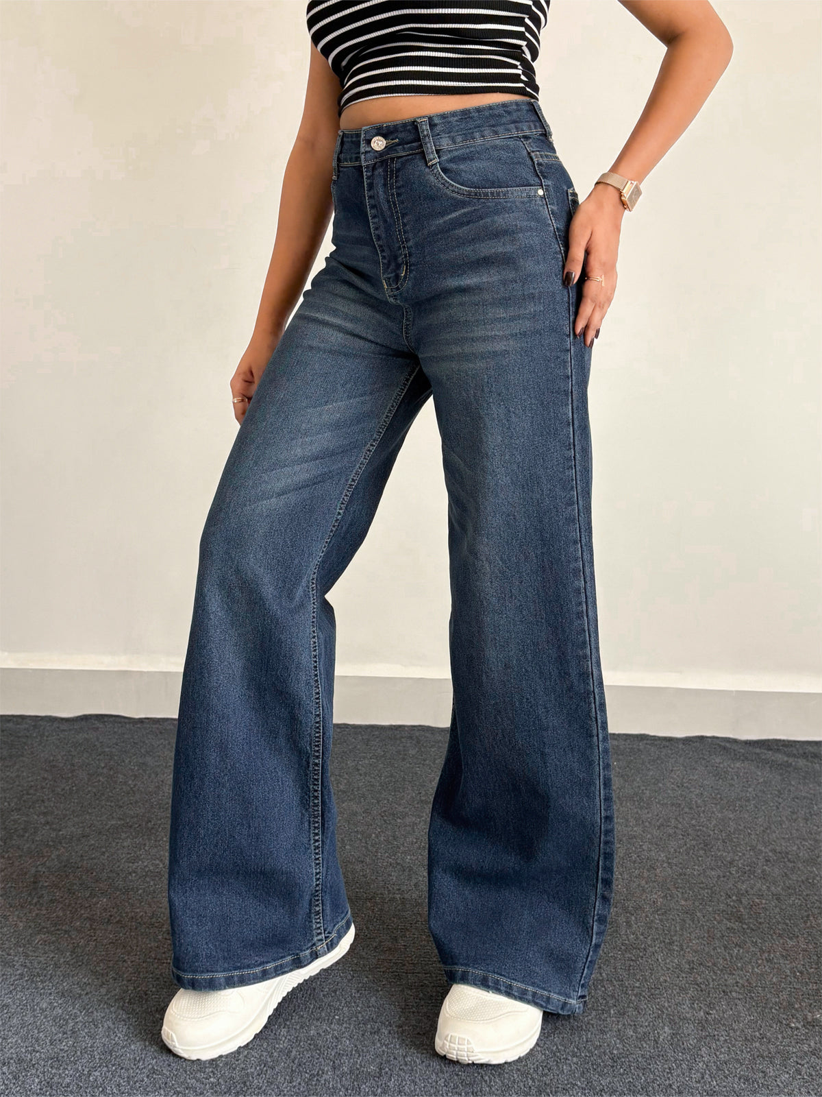 Luxe Vintage Blue Cat Whisker Stretchable Super Wide Leg Jeans