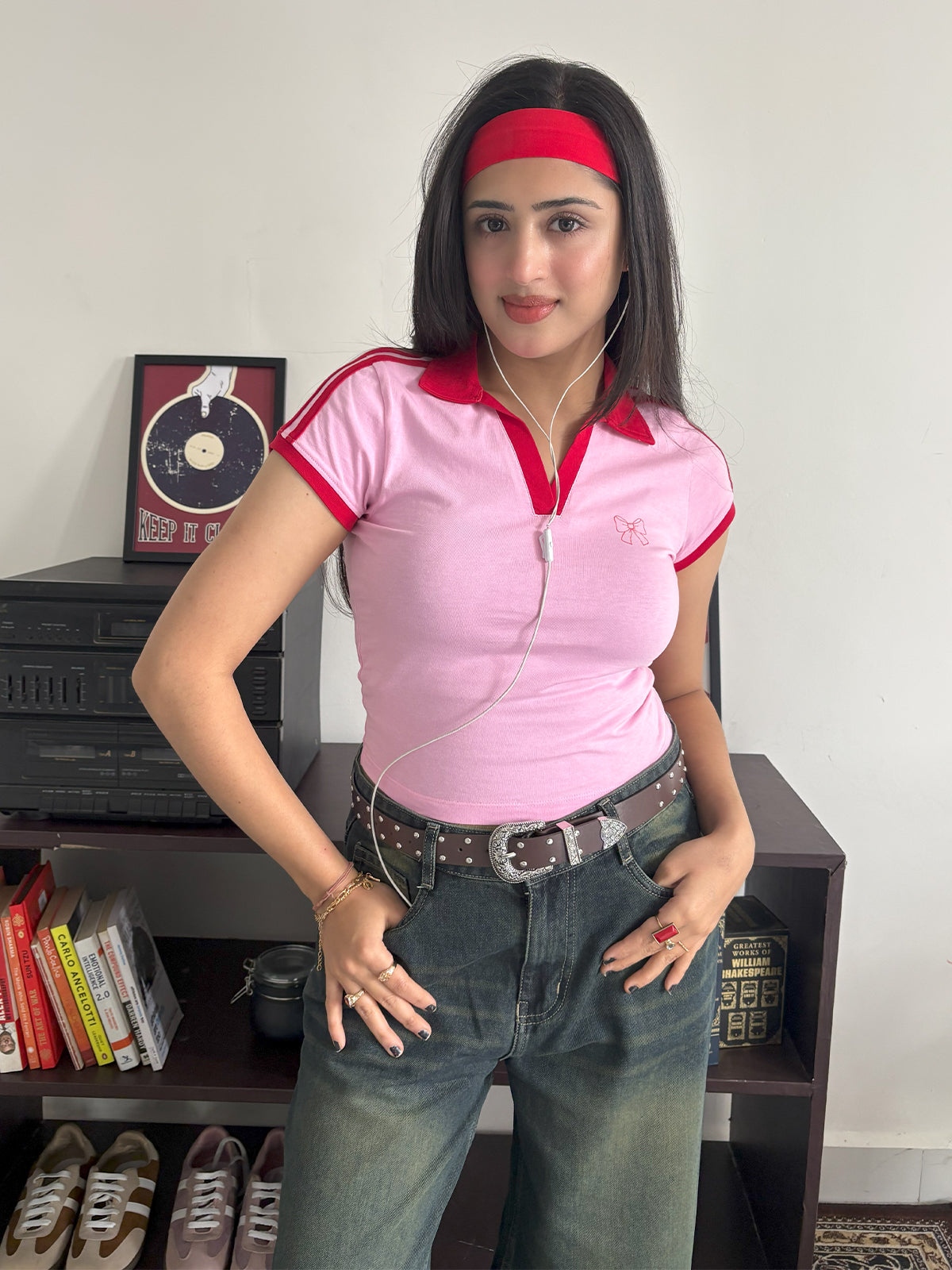 Soft Pink Contrast Detail Bow Graphic Polo Tee