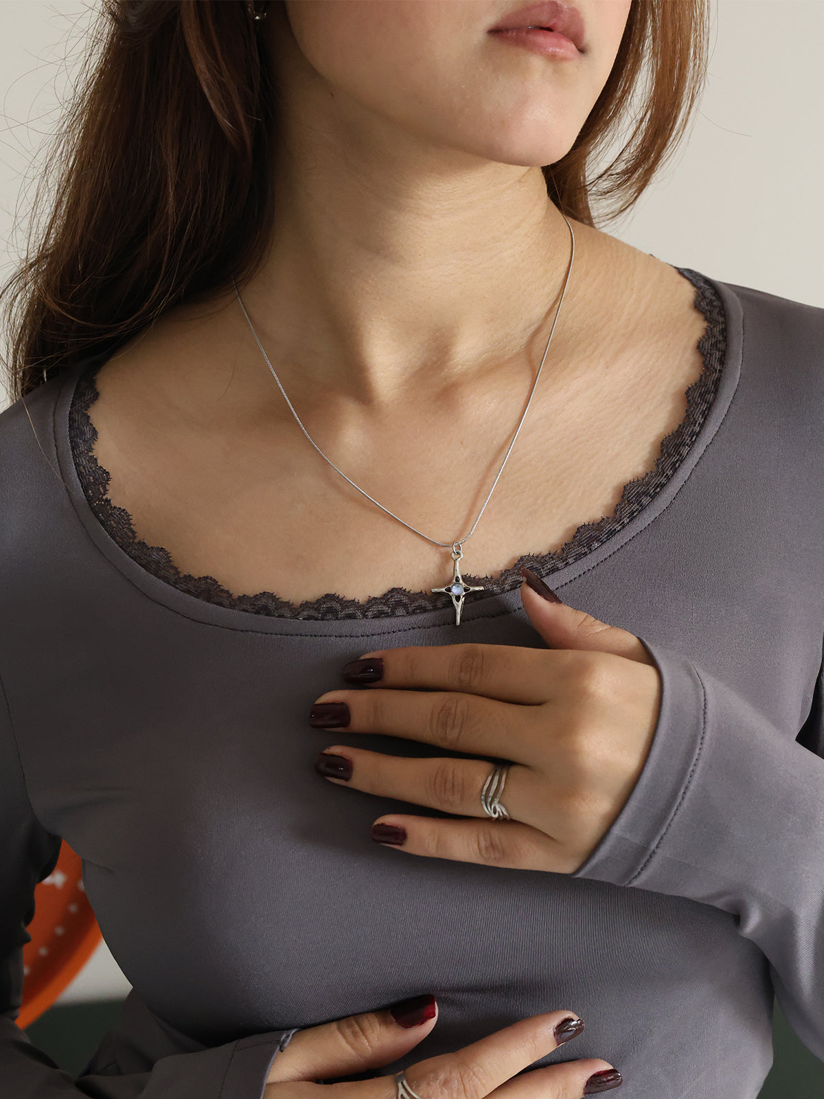 Dark Grey Scoop Neck Long Sleeve Lace Trim Slim Fit Top