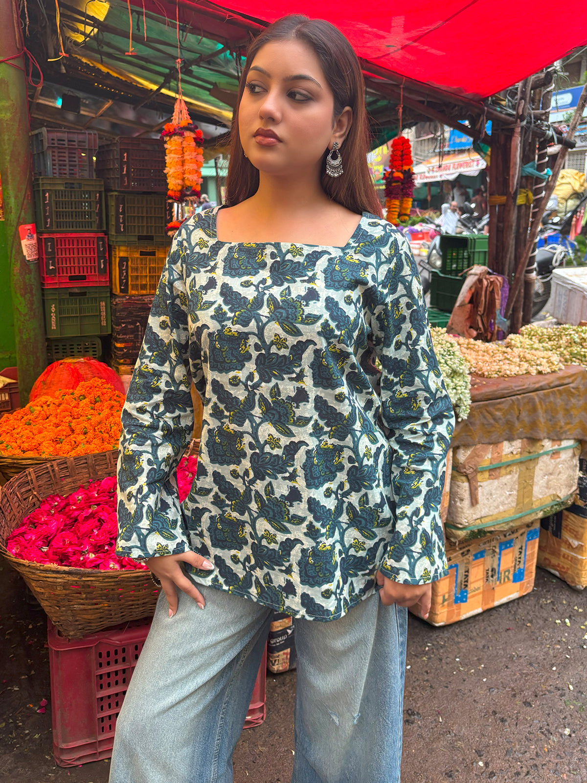 Poonam Square Neck Flared Sleeve Short Kurti