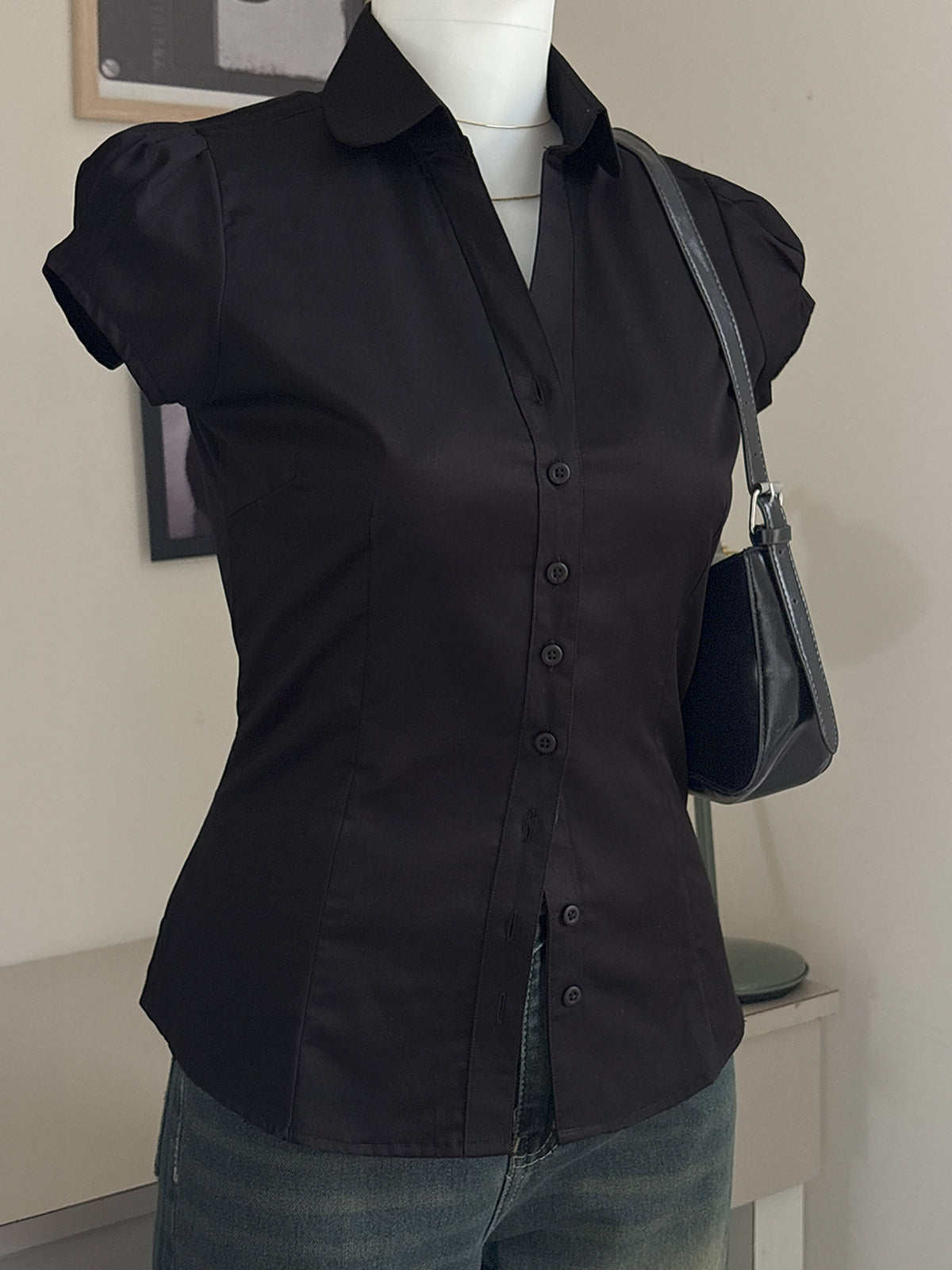 Black Short Sleeve Y2K Fitted Shirt