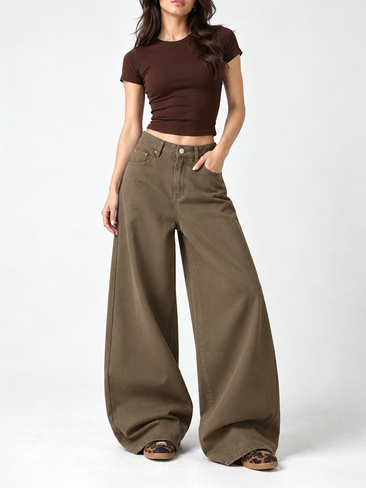 Walnut Brown Washed Wide Leg Jeans
