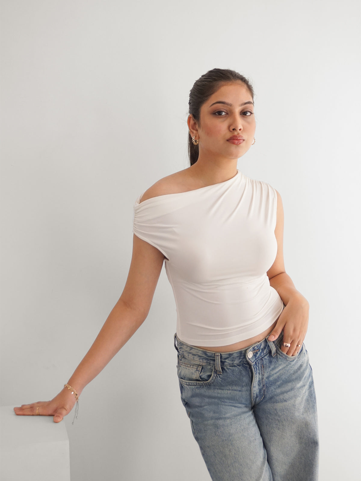 White Asymmetrical Neck Slim Fit Top