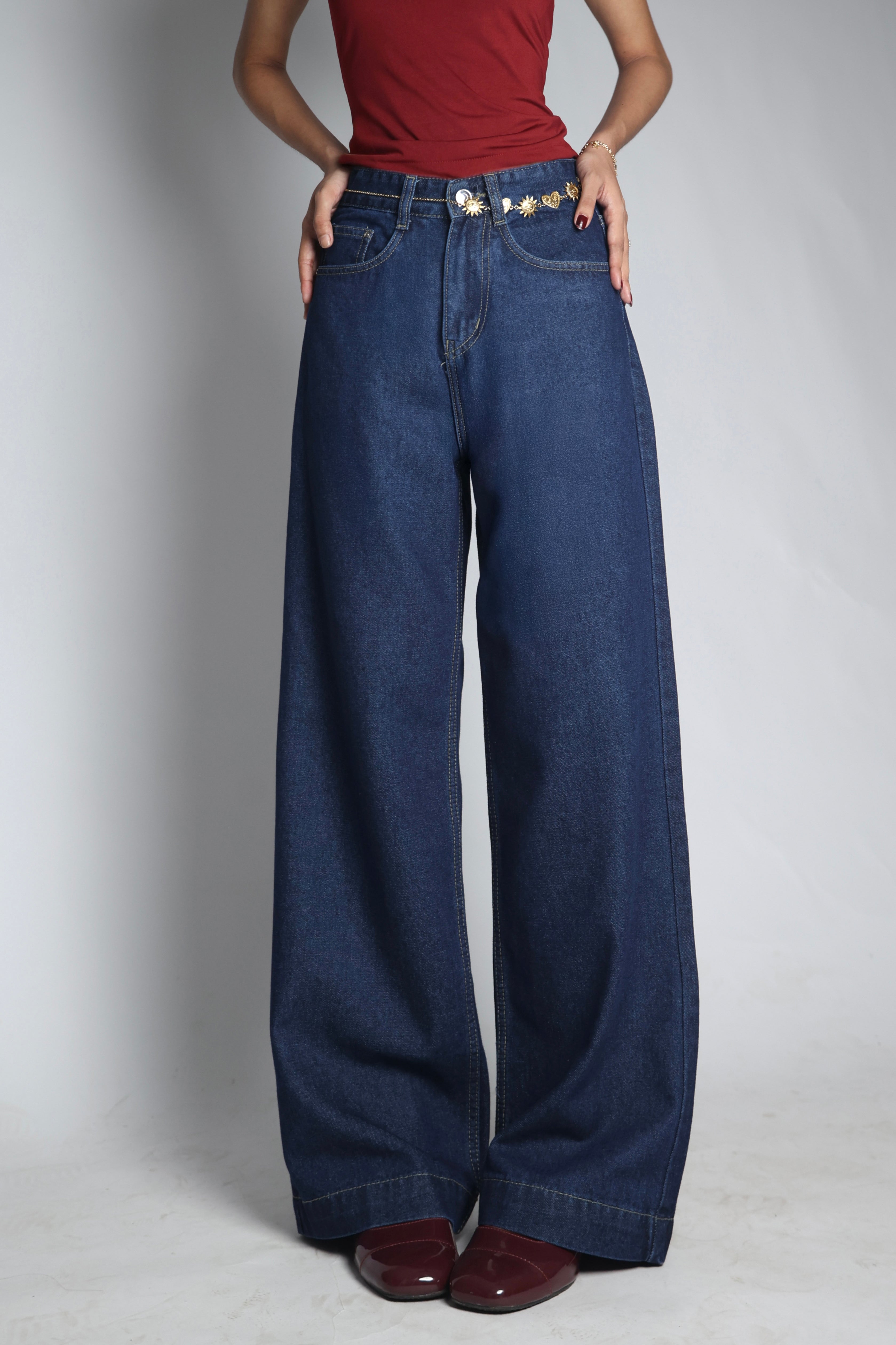 Ink Blue Raw Washed Wide Leg Jeans