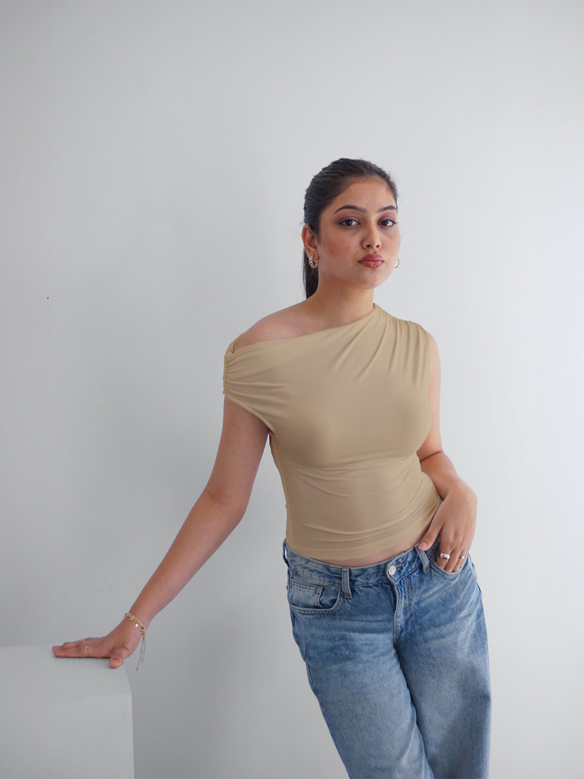 Beige Asymmetrical Neck Slim Fit Top