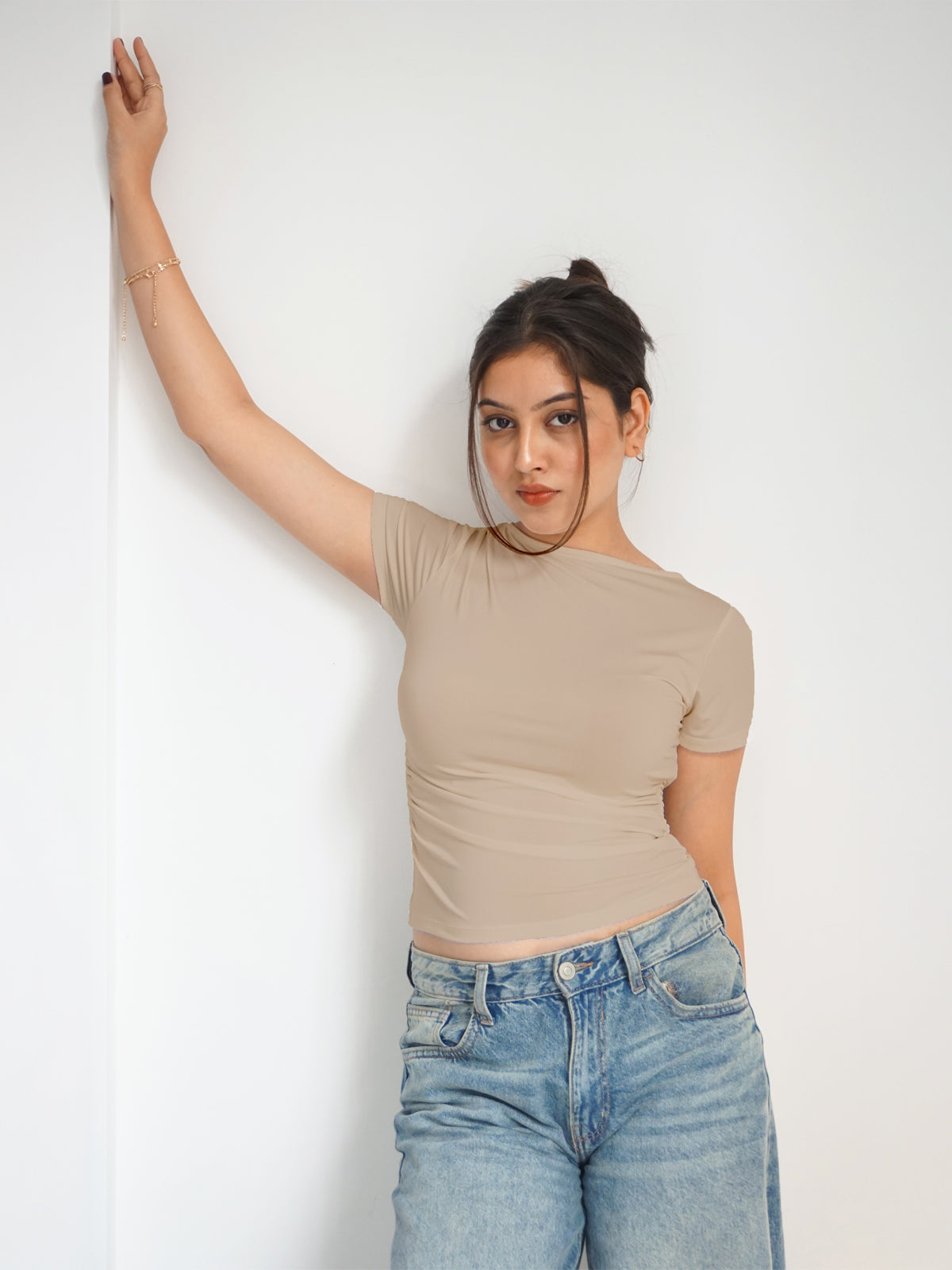 Beige Ruched Round Neck Top