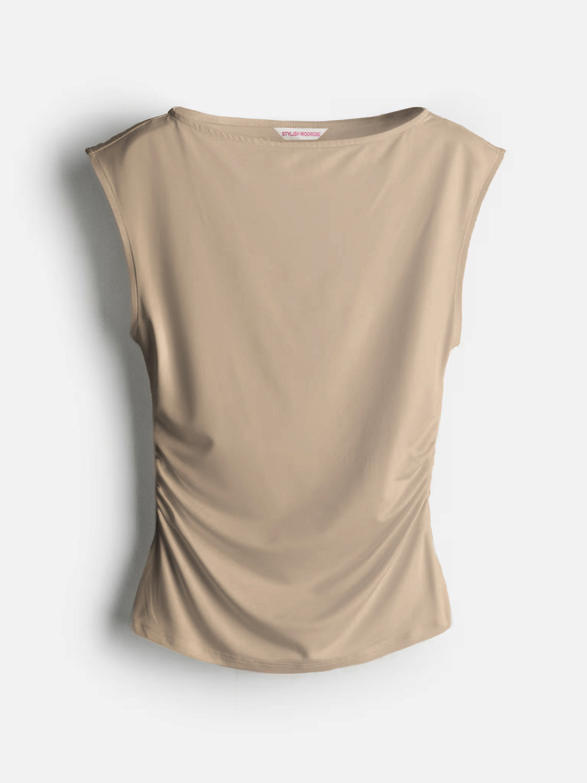 Beige Boat Neck Ruched Top