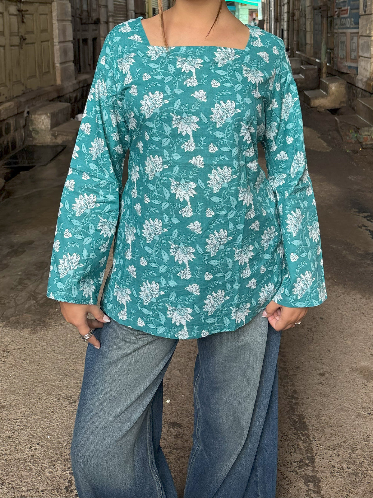 Leela Square Neck Flared Sleeve Short Kurti