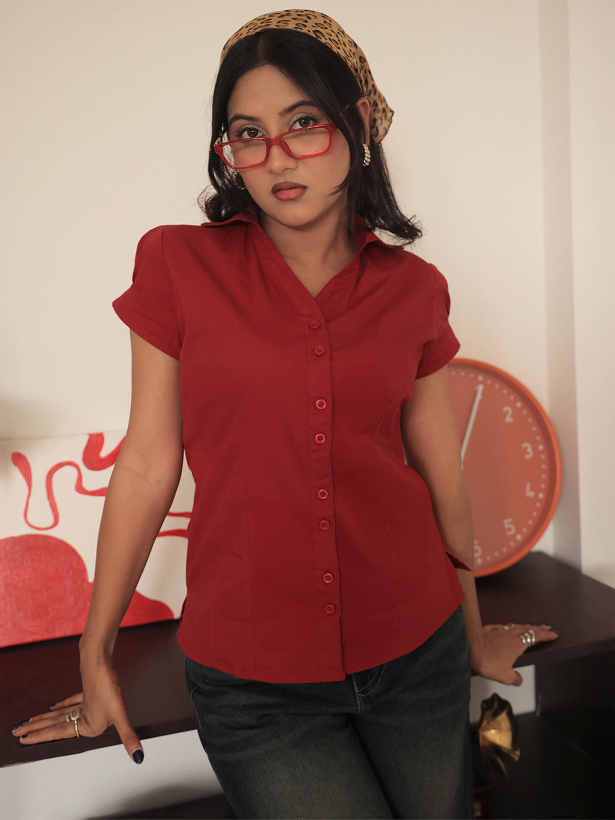 Red Short Sleeve Y2K Fitted Shirt