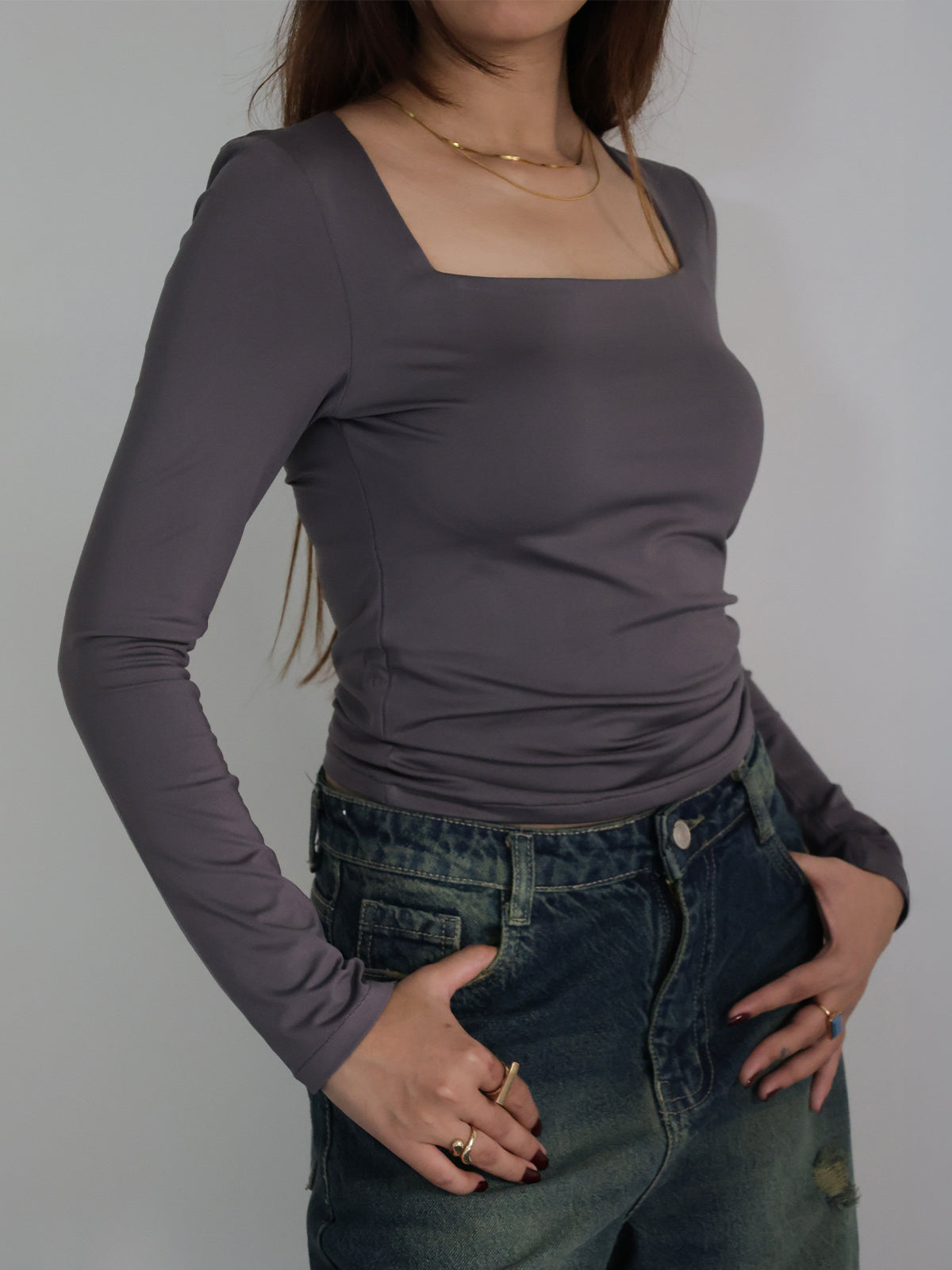 Dark Grey Square Neck Long Sleeve Slim Fit Top