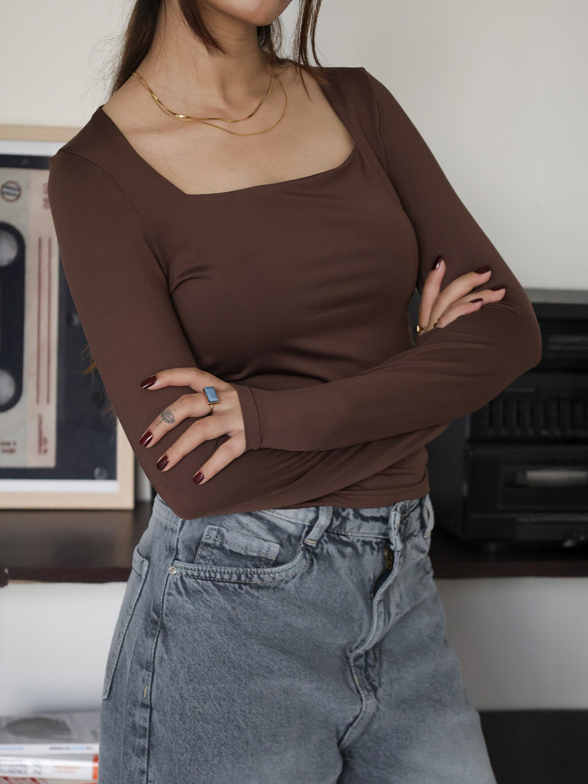 Chocolate Brown Square Neck Long Sleeve Slim Fit Top