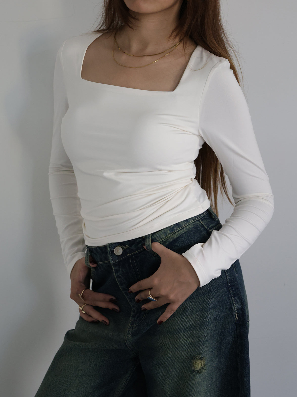 Off-white Square Neck Long Sleeve Slim Fit Top