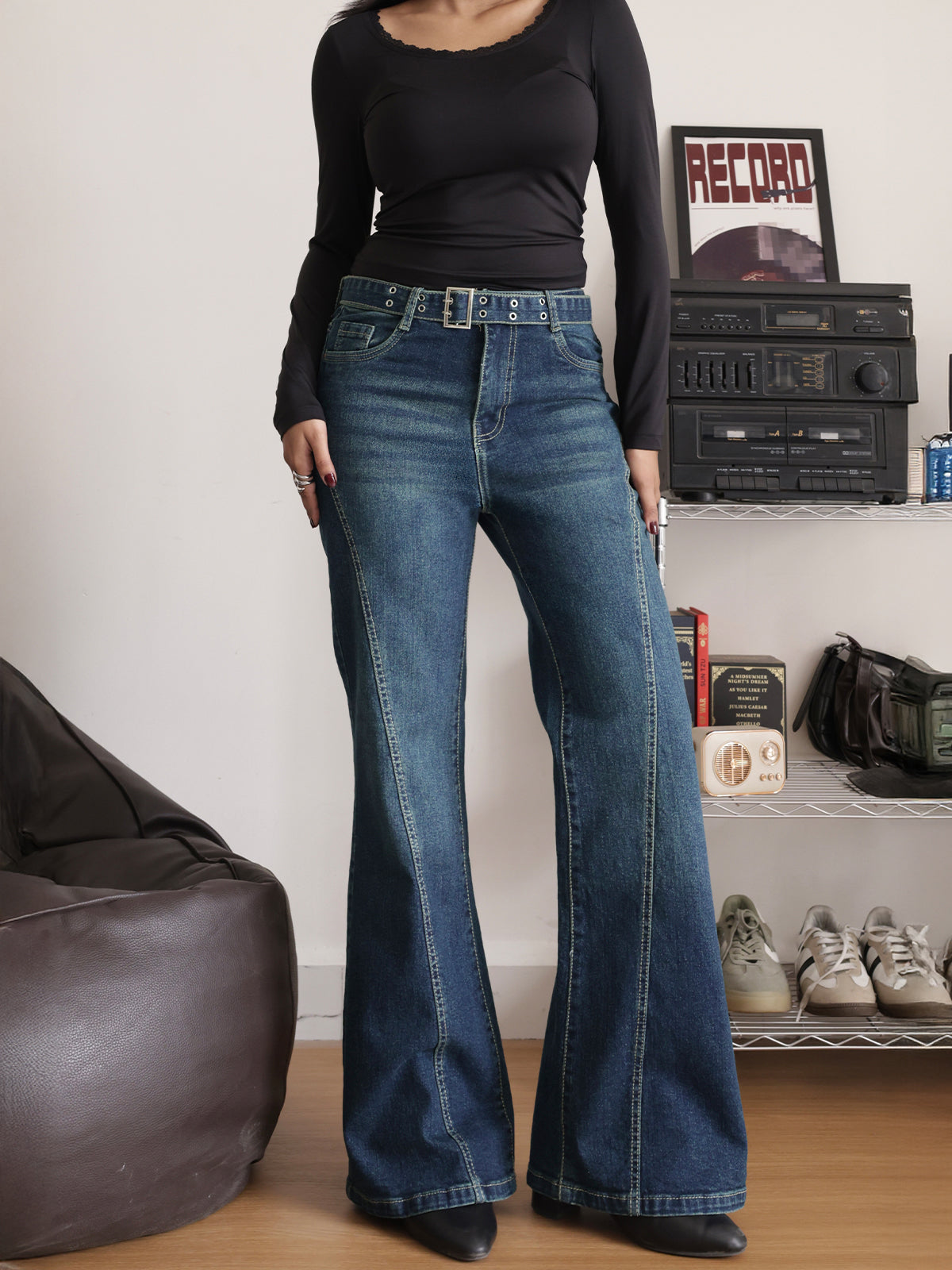 Midnight Ash Blue Belted Bootcut Jeans