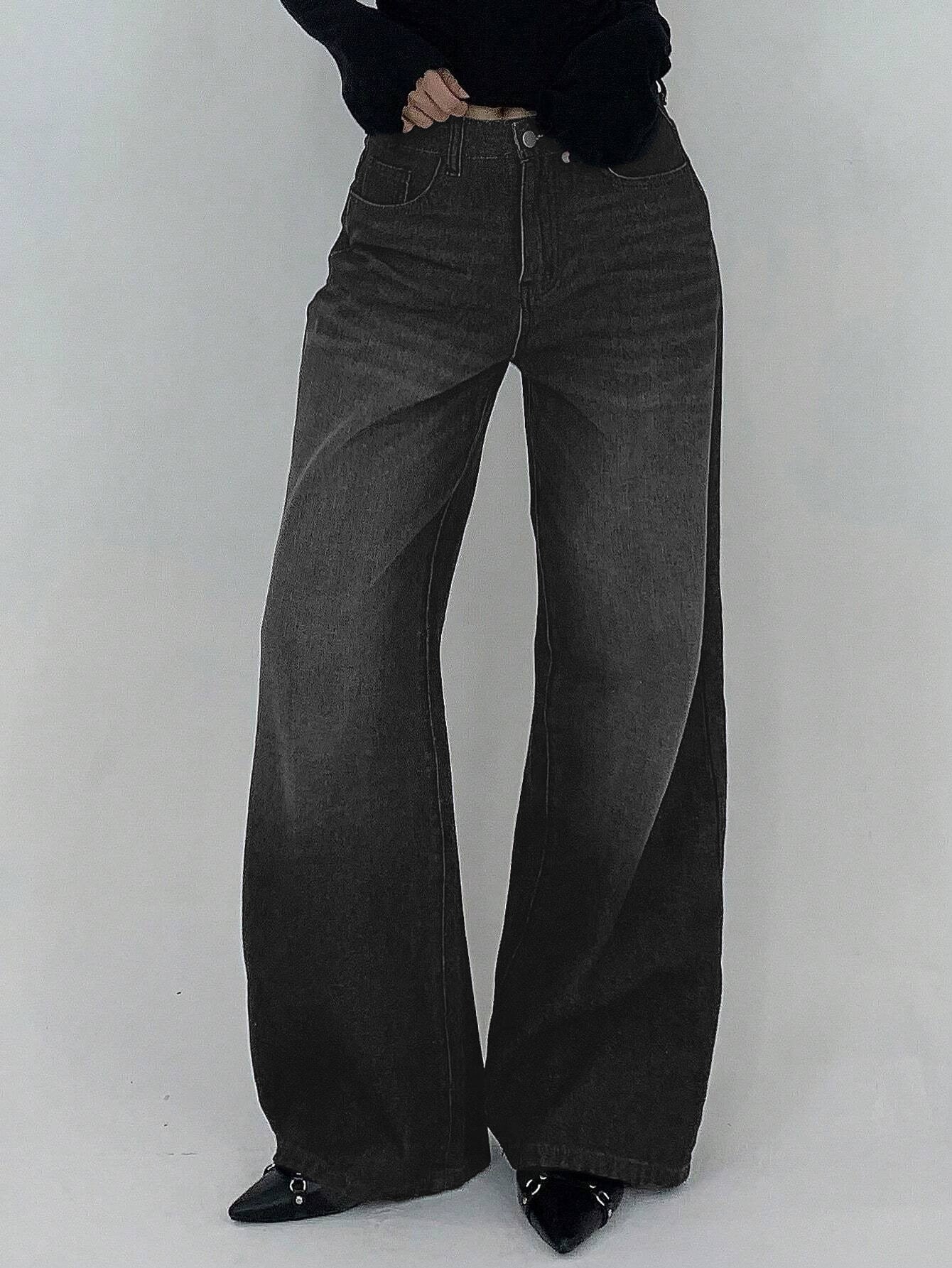 Space Black Washed Low Waist Wide Leg Jeans