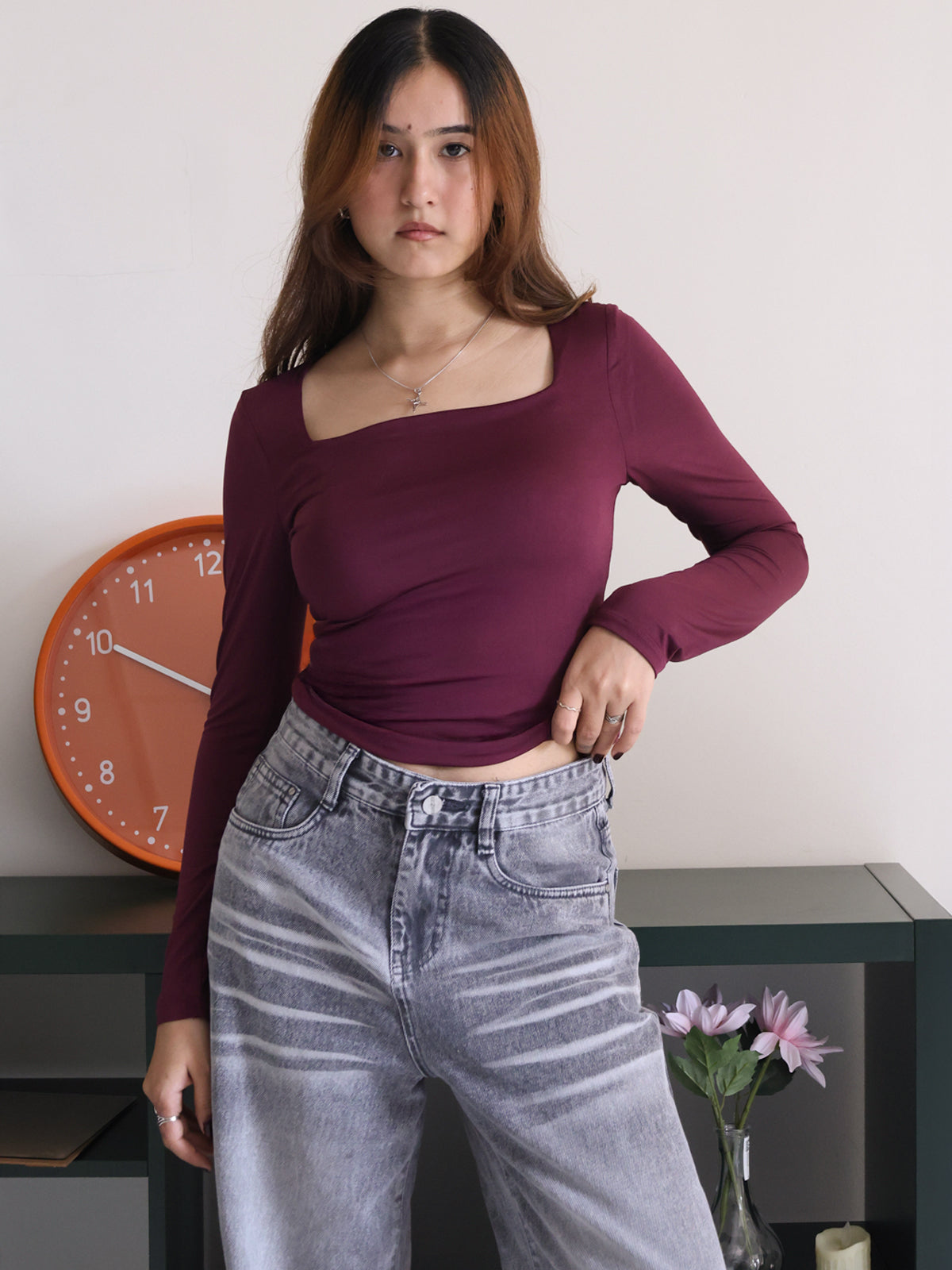Plum Square Neck Long Sleeve Slim Fit Top