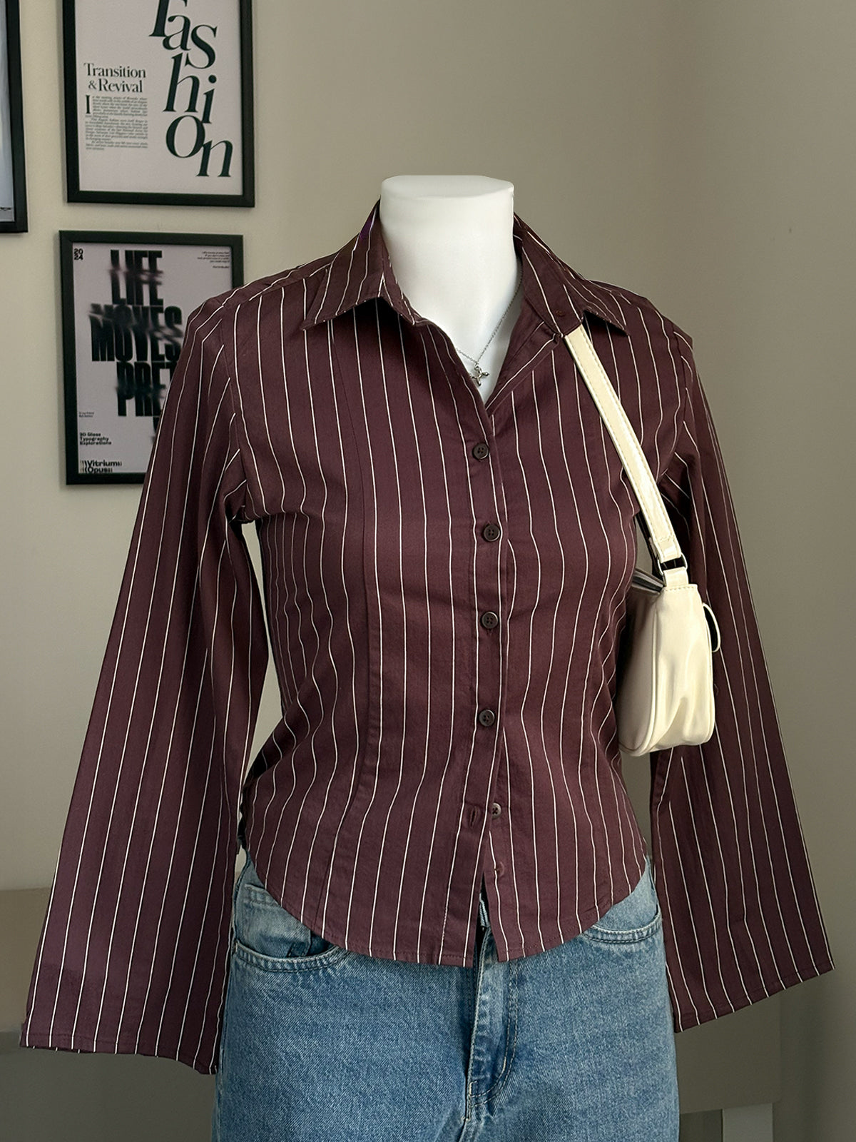 Rose Brown Striped Flared Sleeve Fitted Shirt