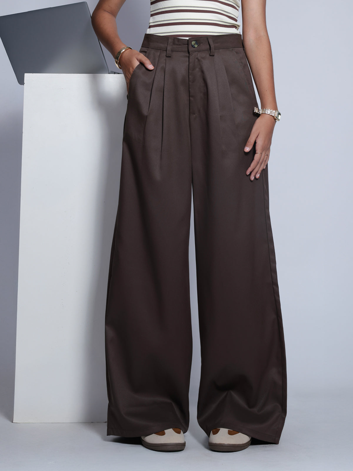 Brown Double Pleated Korean Pant