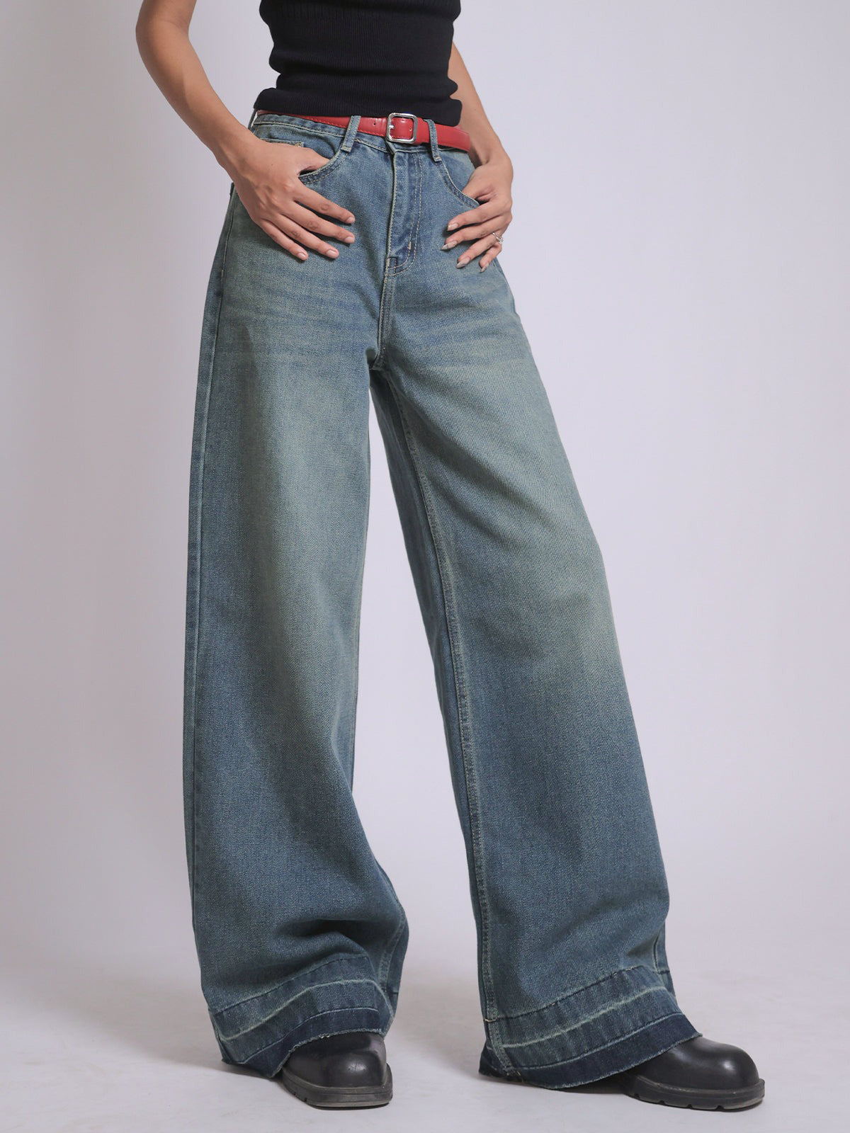 Dusty Aqua Blue Washed Super Wide Leg Jeans