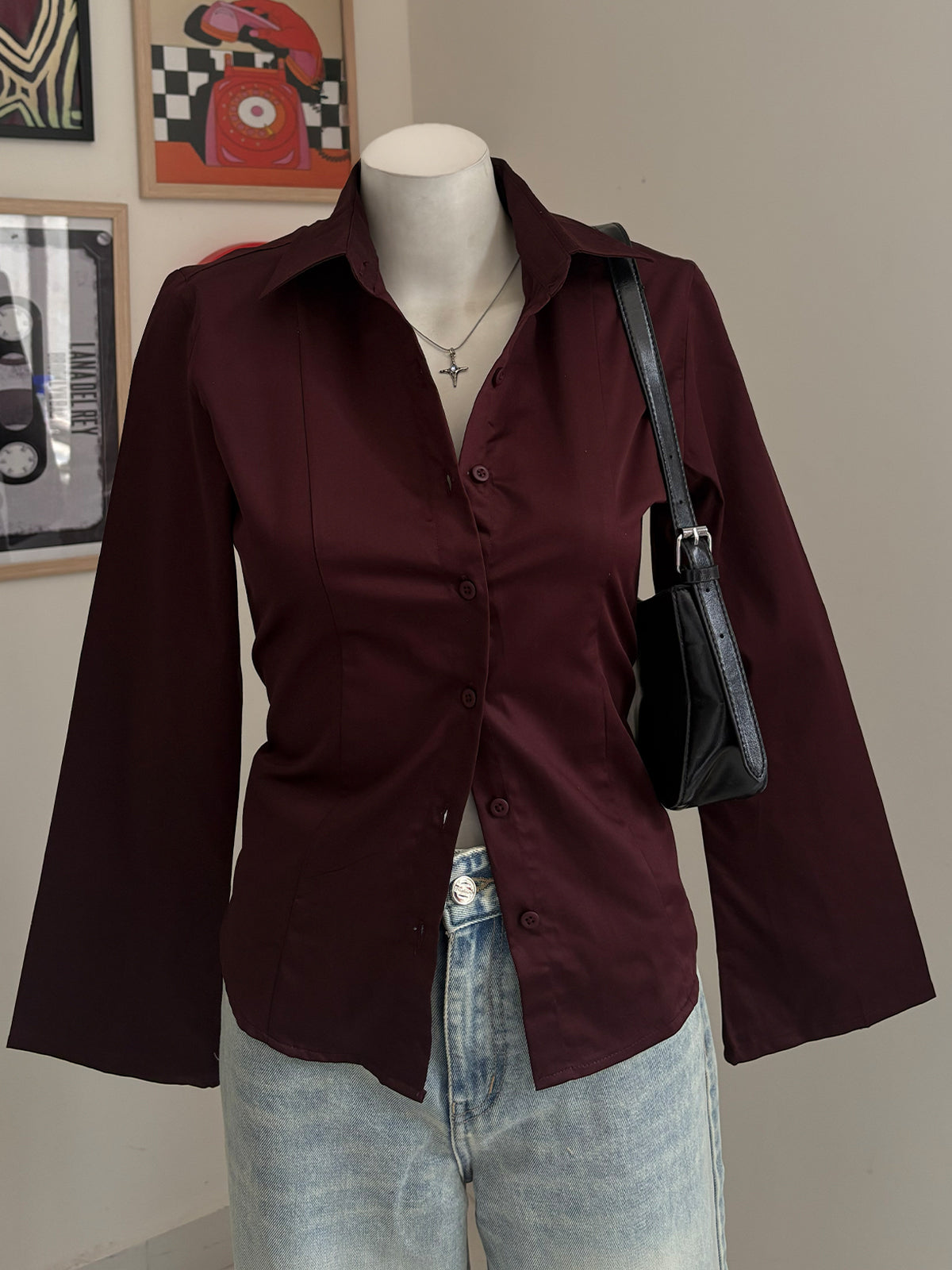 Deep Cherry Flared Sleeve Y2K Fitted Shirt