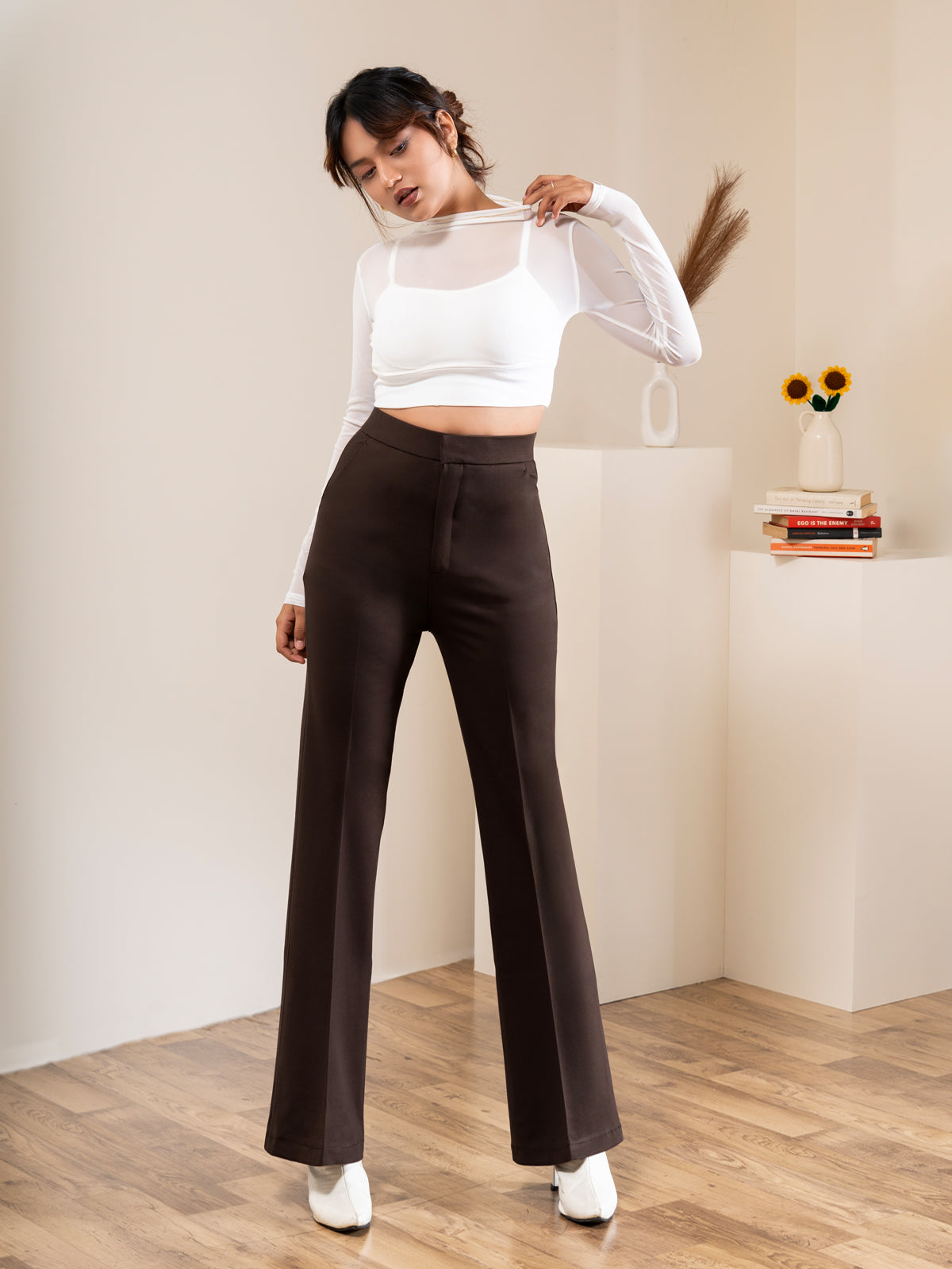 Luxe Brown Bootcut Korean Pants - Main Image