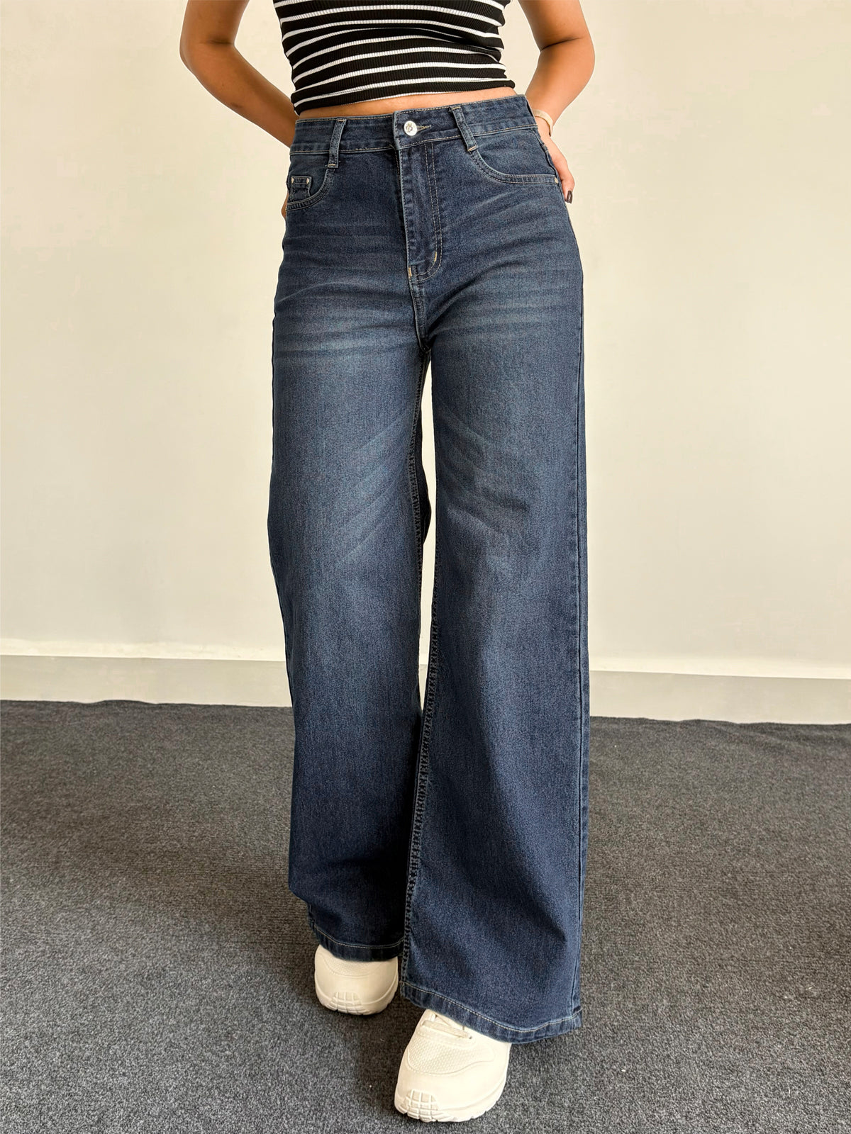 Luxe Vintage Blue Cat Whisker Stretchable Wide Leg Jeans