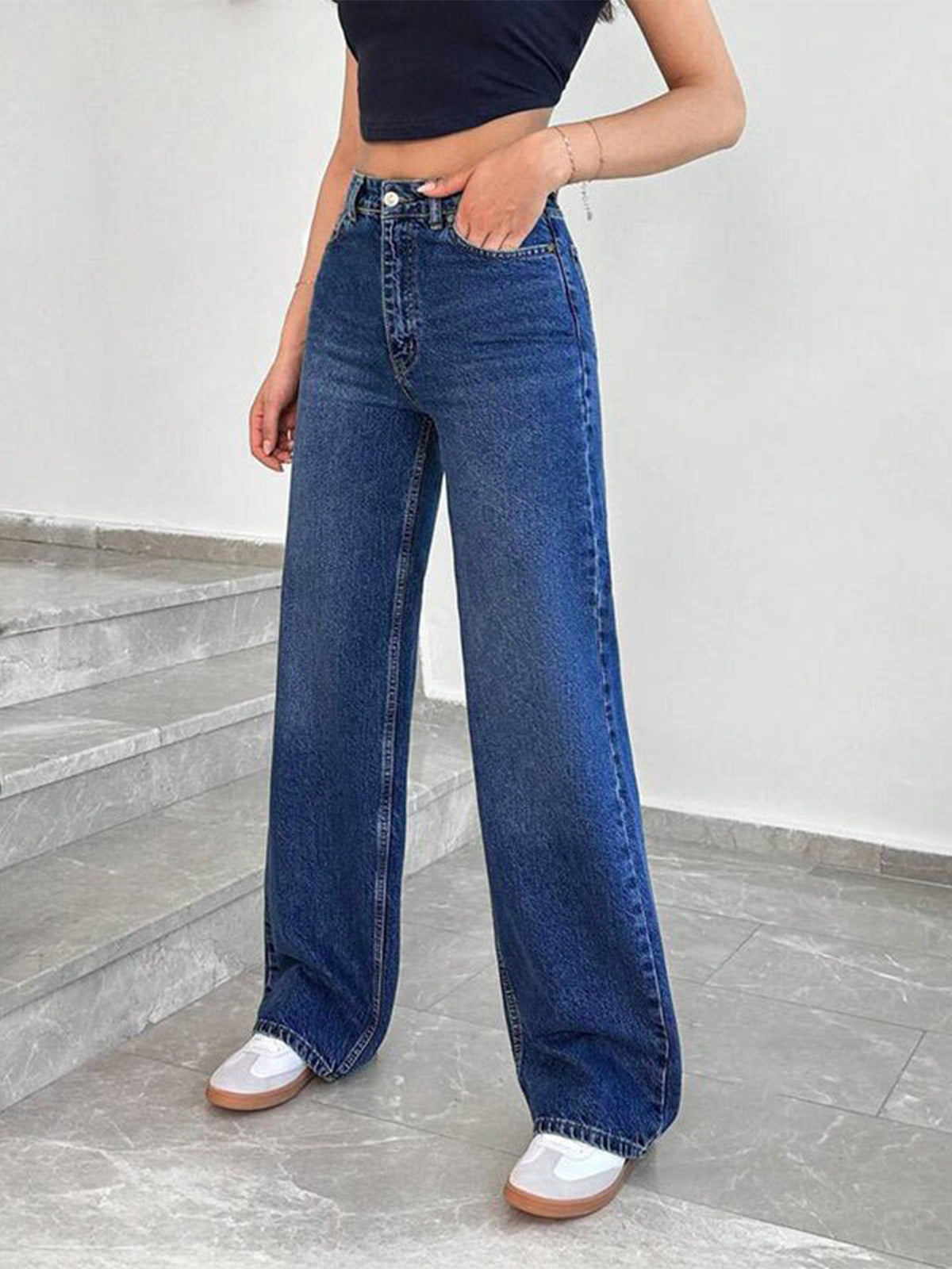 Midnight Blue Washed Stretchable Straight Leg Jeans