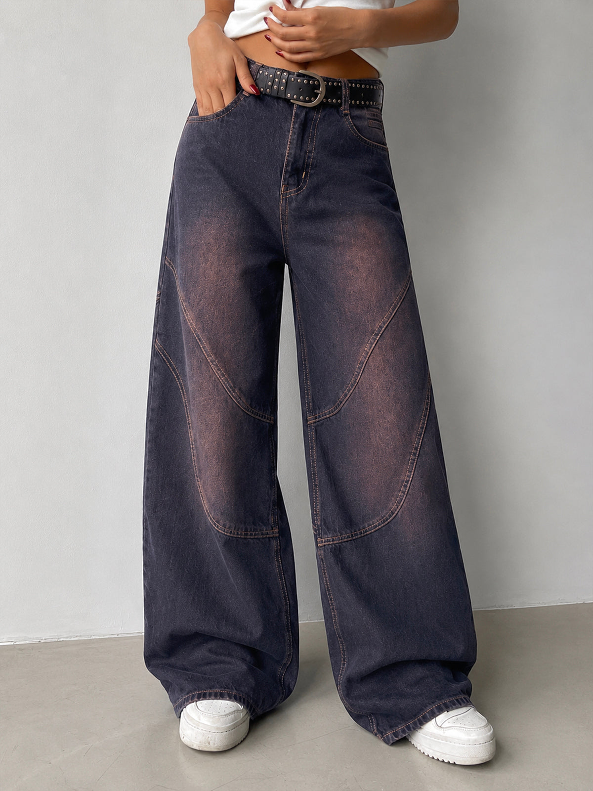 Graphite Blue Tinted Panelled Wide Leg Jeans
