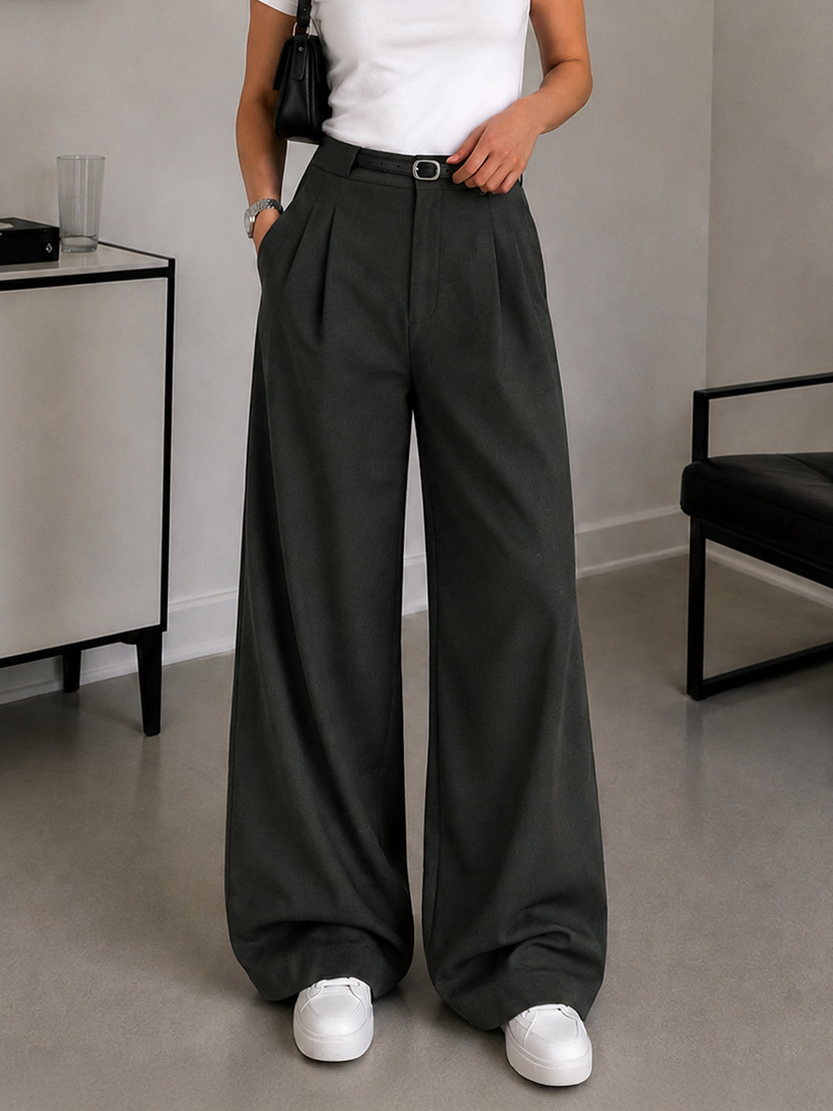 Olive Black Belted Korean Pant