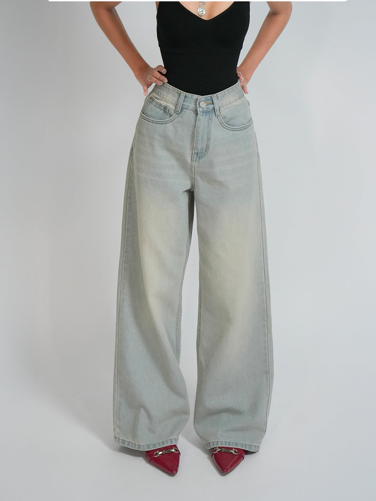 Pale Blue Dirty Wash Wide Leg Jeans