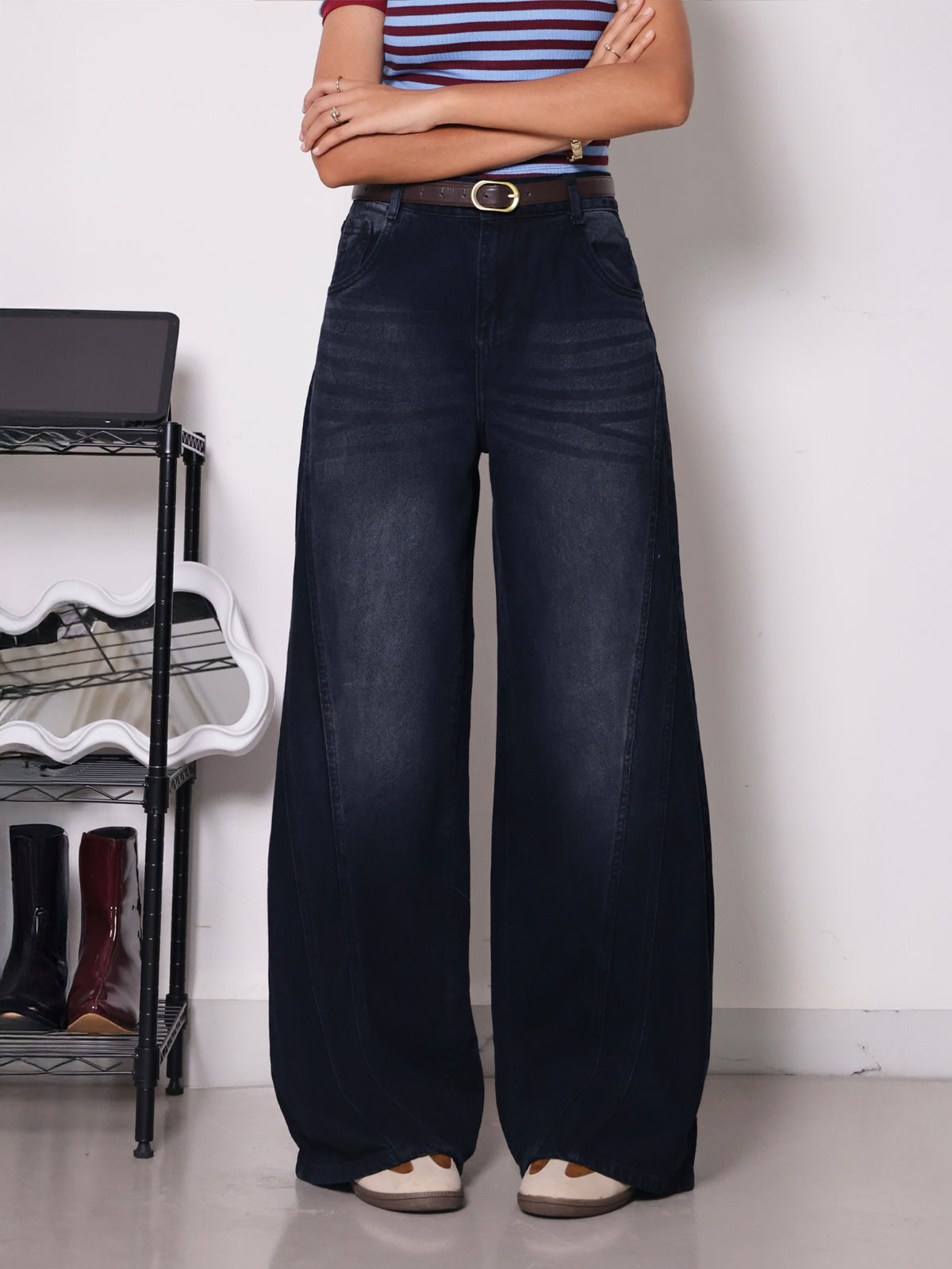 Arctic Black Panelled Super Wide Leg Jeans