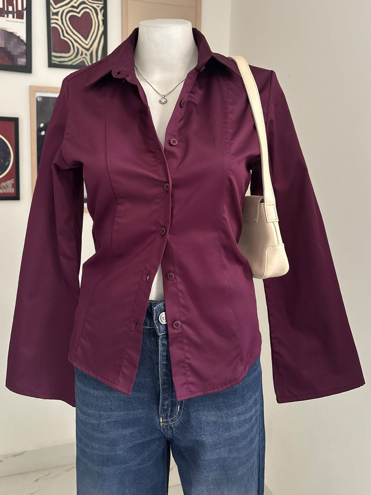 Plum Flared Sleeve Y2K Fitted Shirt