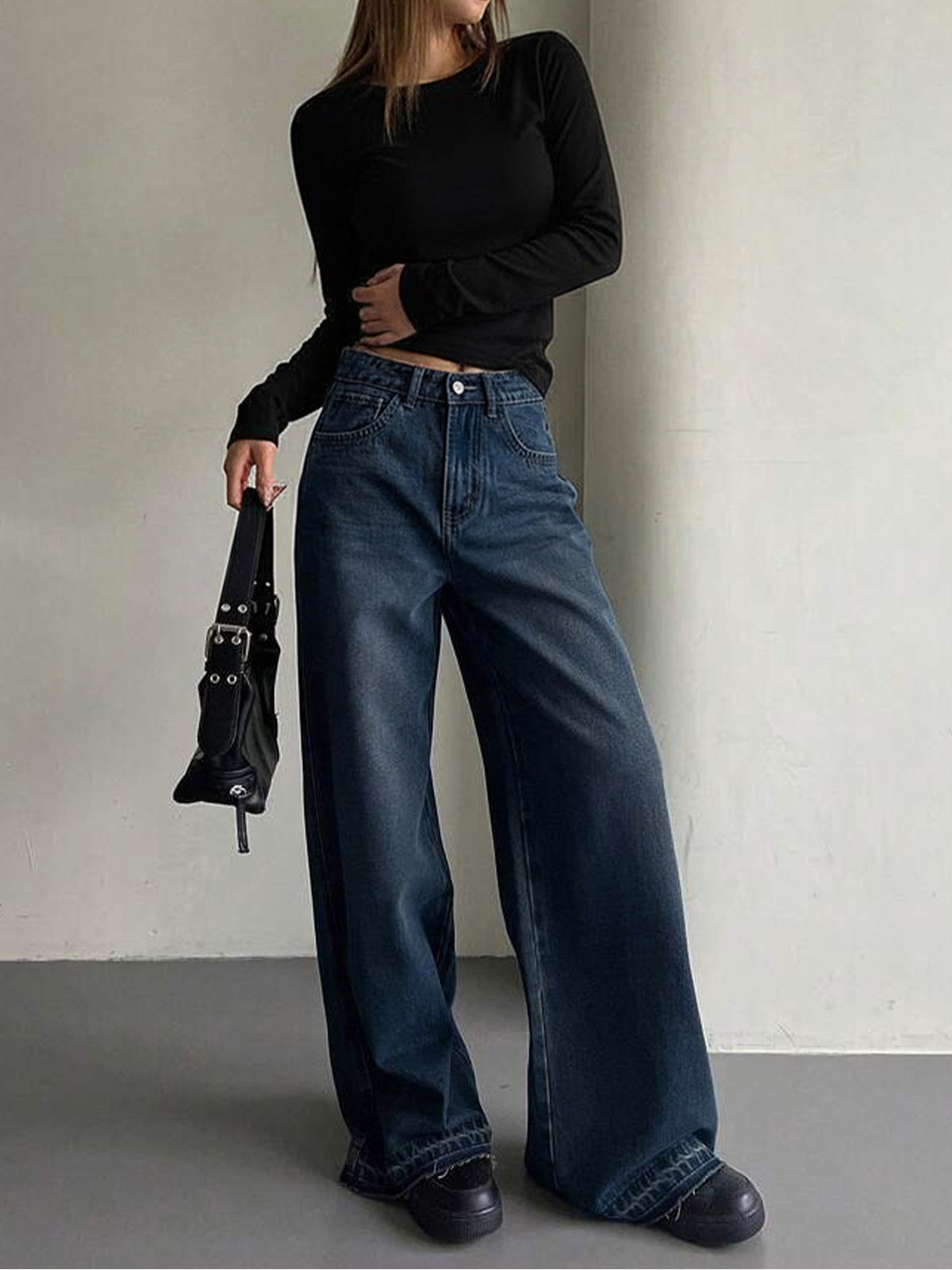 Dark Blue Whisker Y2K Wide Leg Jeans