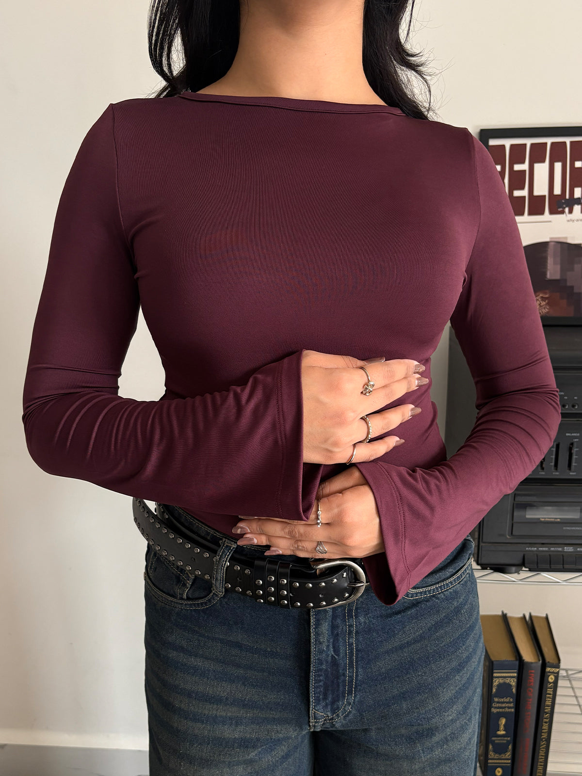 Plum Boat Neck Bell Sleeve Slim Fit Top