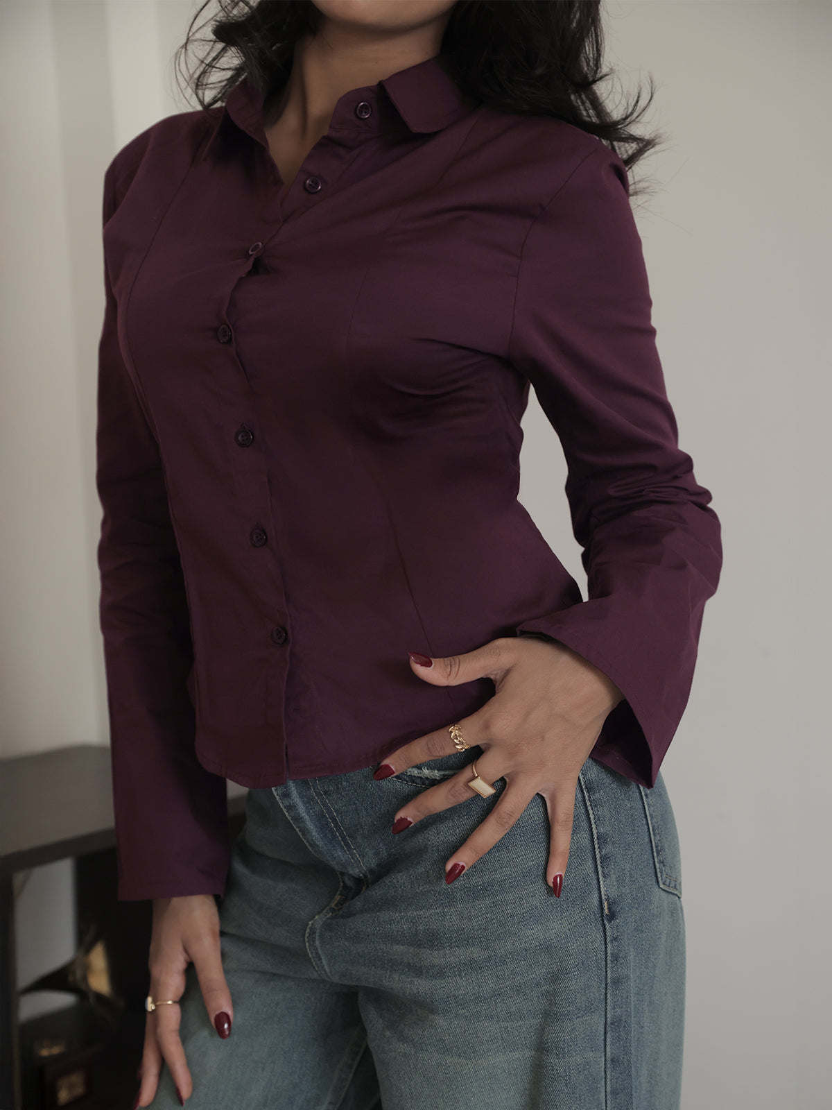 Plum Flared Sleeve Y2K Fitted Shirt