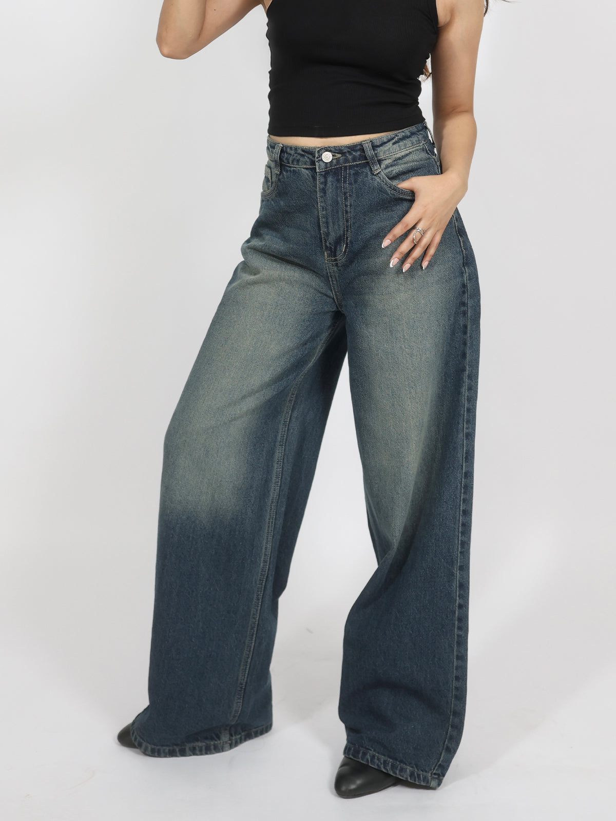 Oxford Blue Washed Wide Leg Jeans