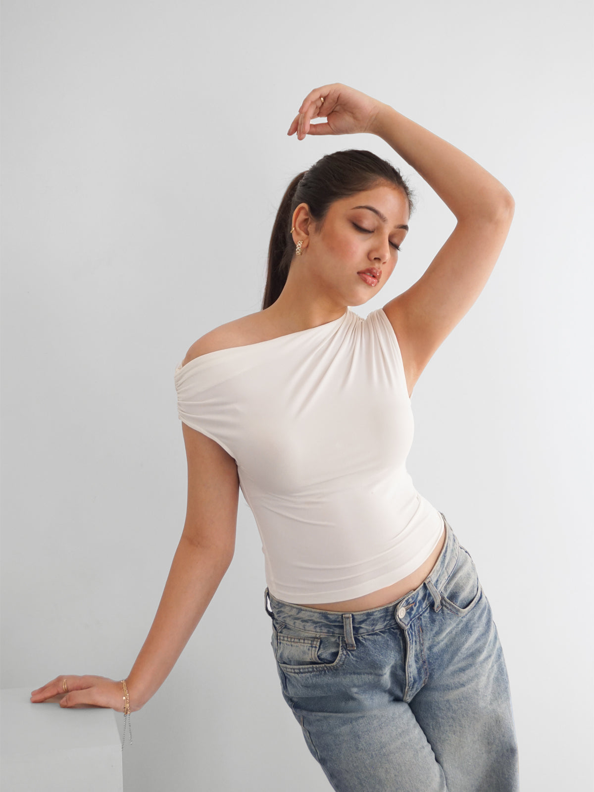 White Asymmetrical Neck Slim Fit Top