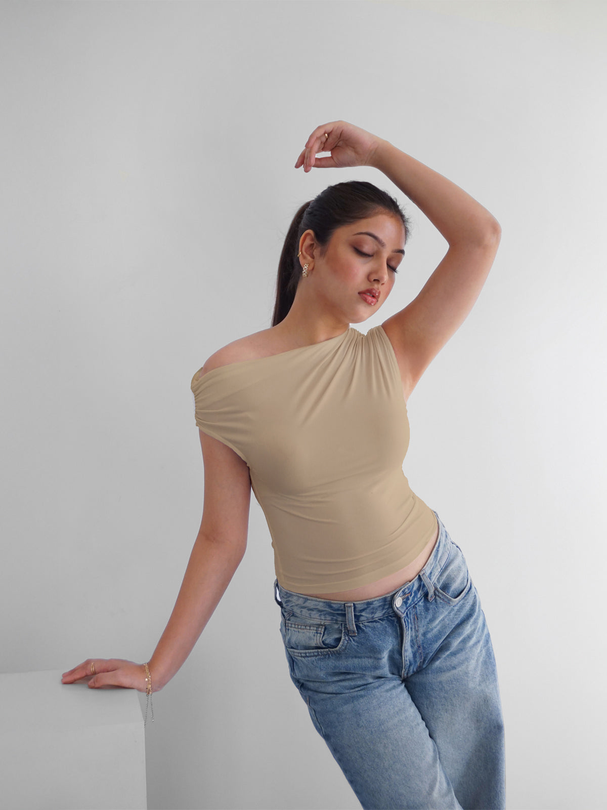 Beige Asymmetrical Neck Slim Fit Top