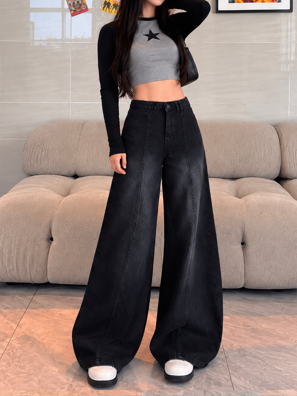 Alaska Black Panelled Super Wide Leg Jeans