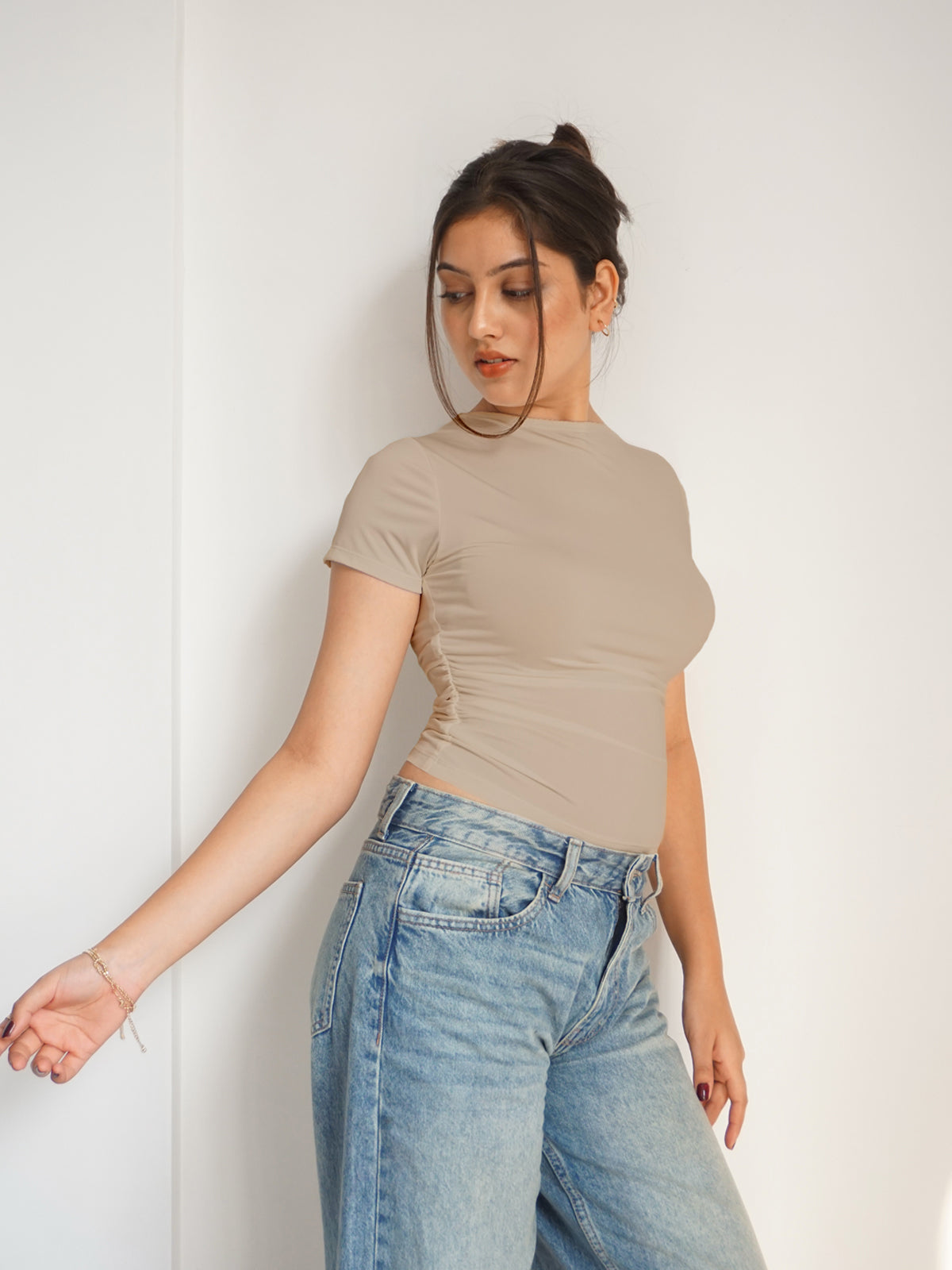 Beige Ruched Round Neck Top