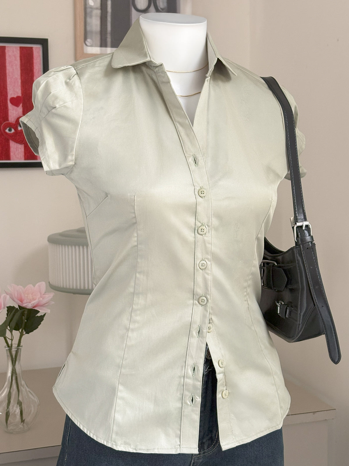 Sage Green Short Sleeve Y2K Fitted Shirt