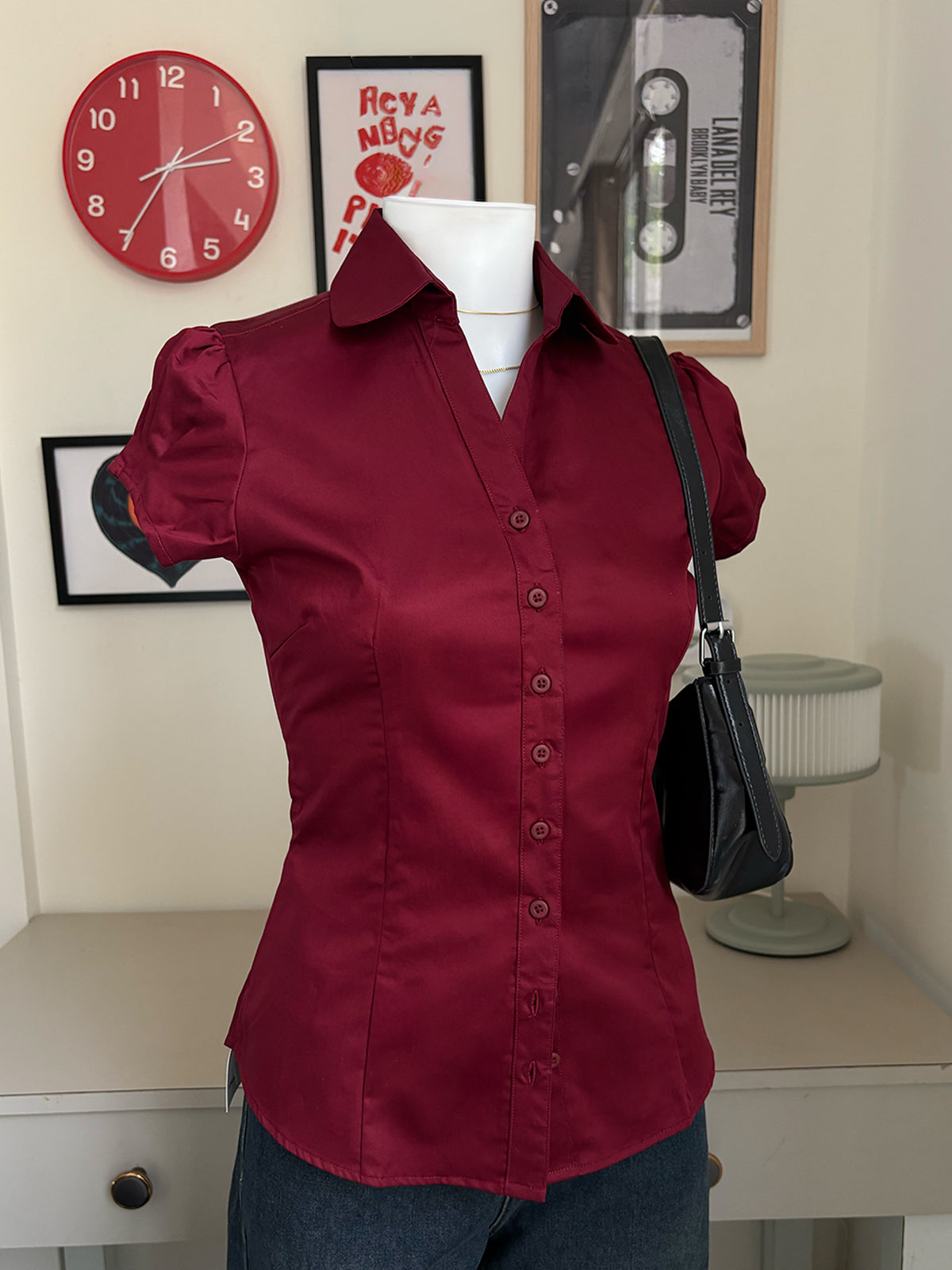 Cherry Red Short Sleeve Y2K Fitted Shirt