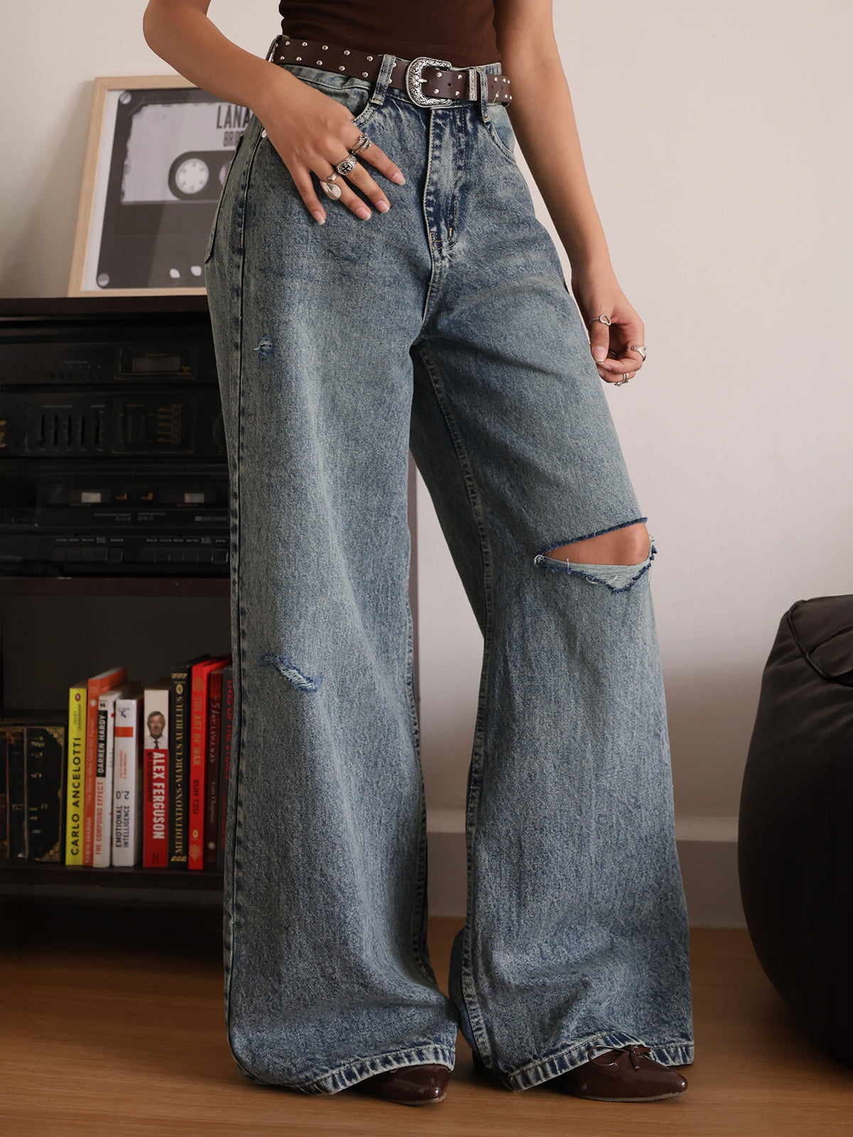 Retro Blue Tinted Ripped Super Wide Leg Jeans