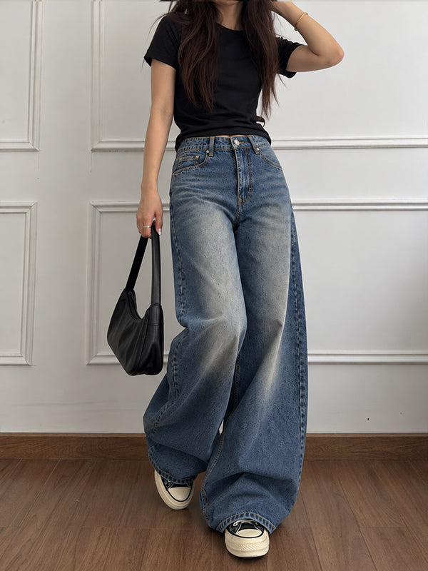 Deep Dusk Blue Washed Wide Leg Jeans