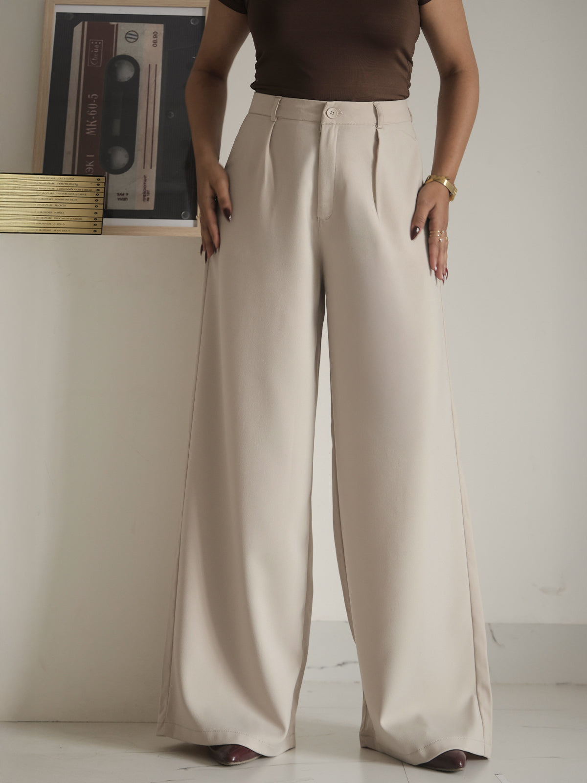 Muted Beige Pleated Wide Leg Korean Pants