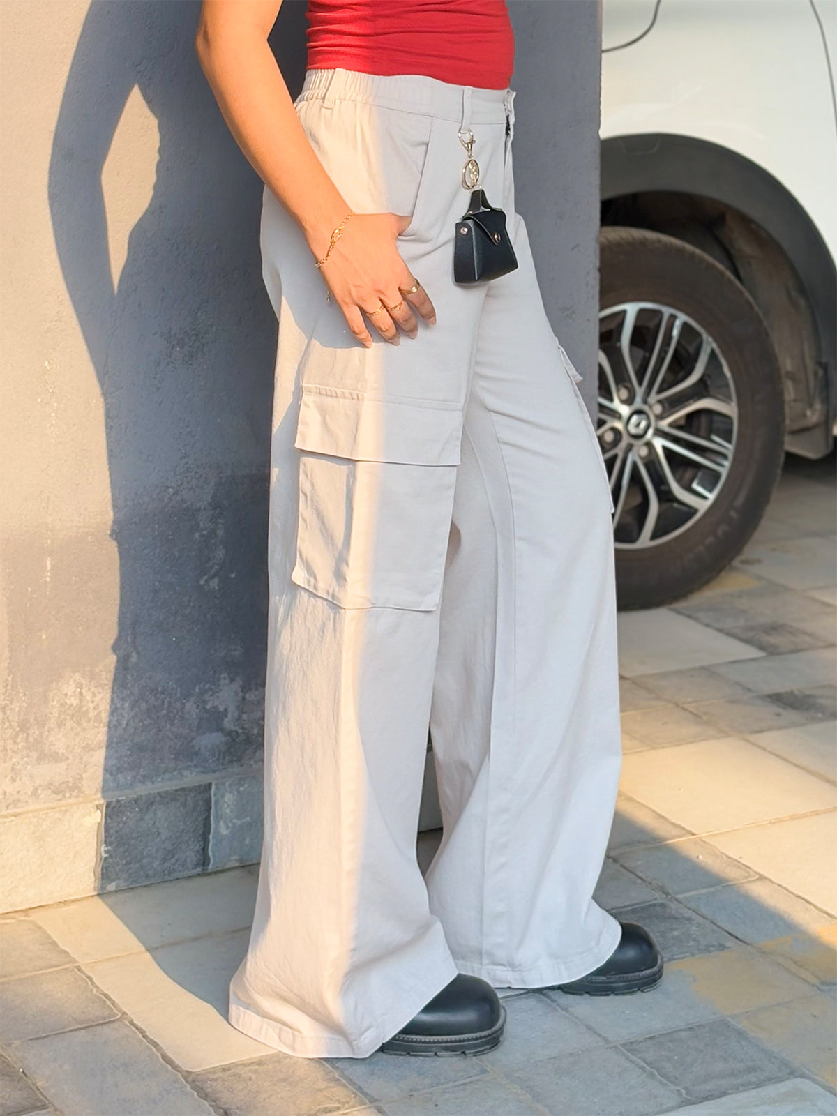 Smoke Grey Baggy Cotton Cargo Pants