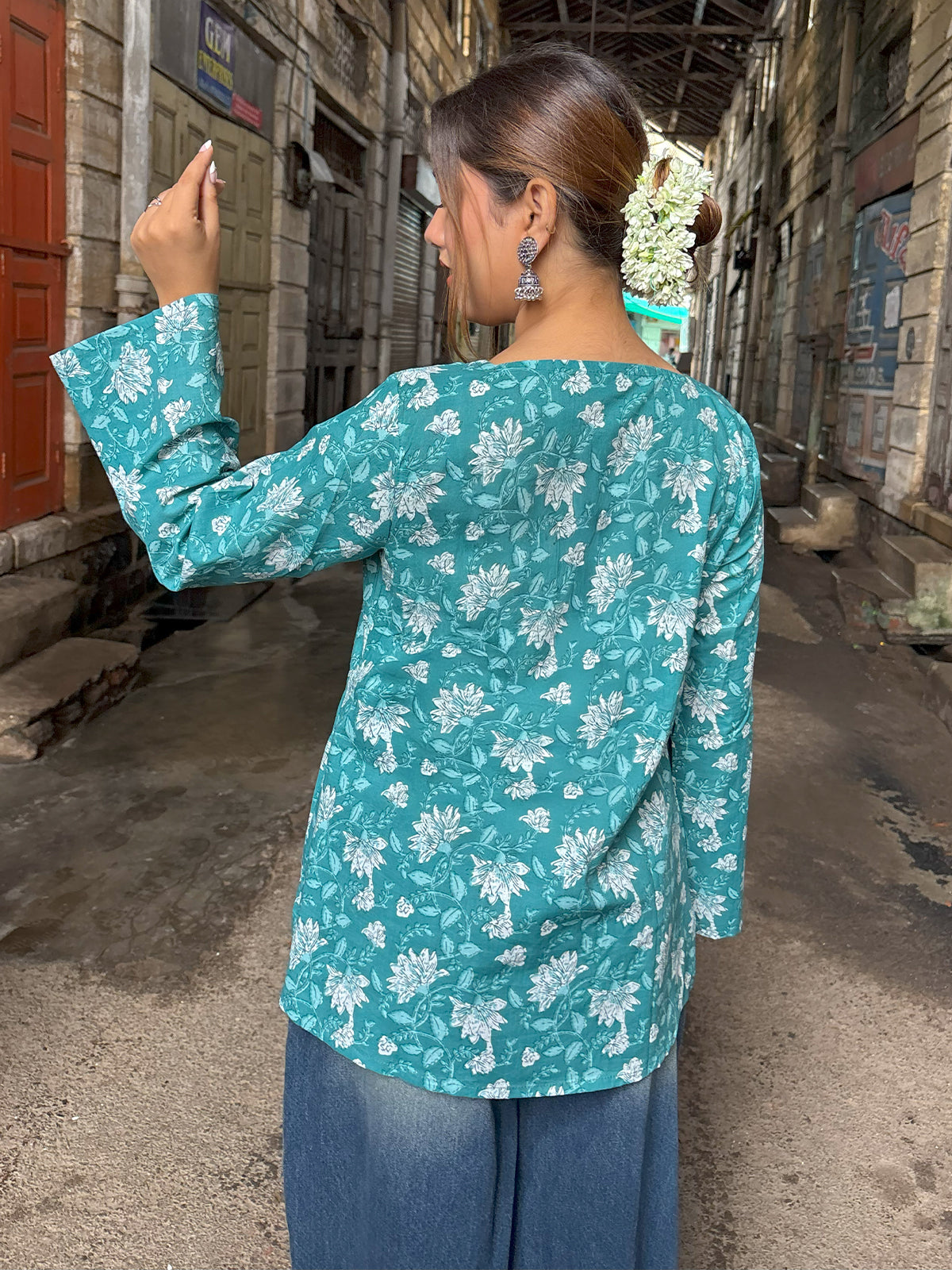 Leela Square Neck Flared Sleeve Short Kurti